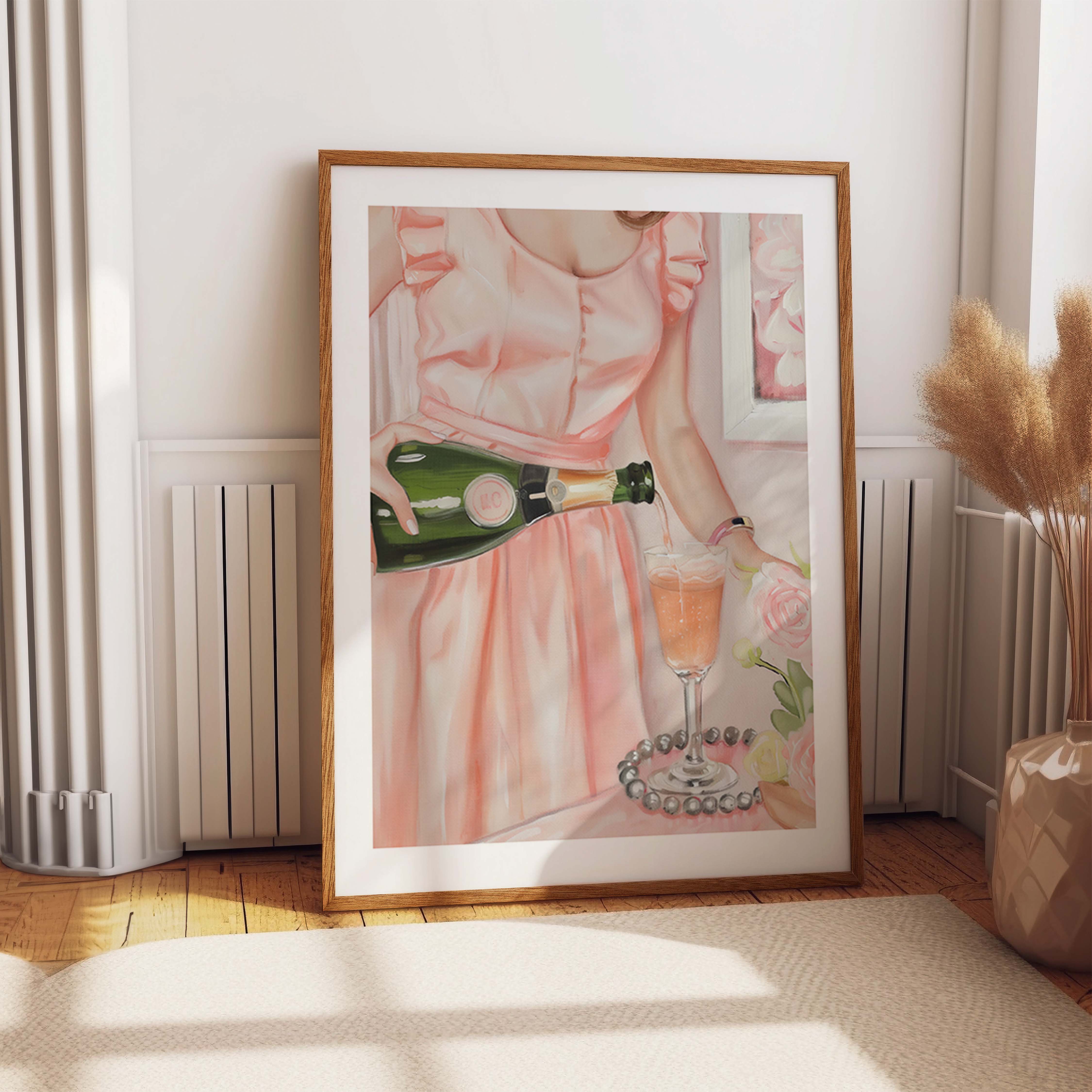 Pastel Champagne Pouring Elegant Vintage Scene Print