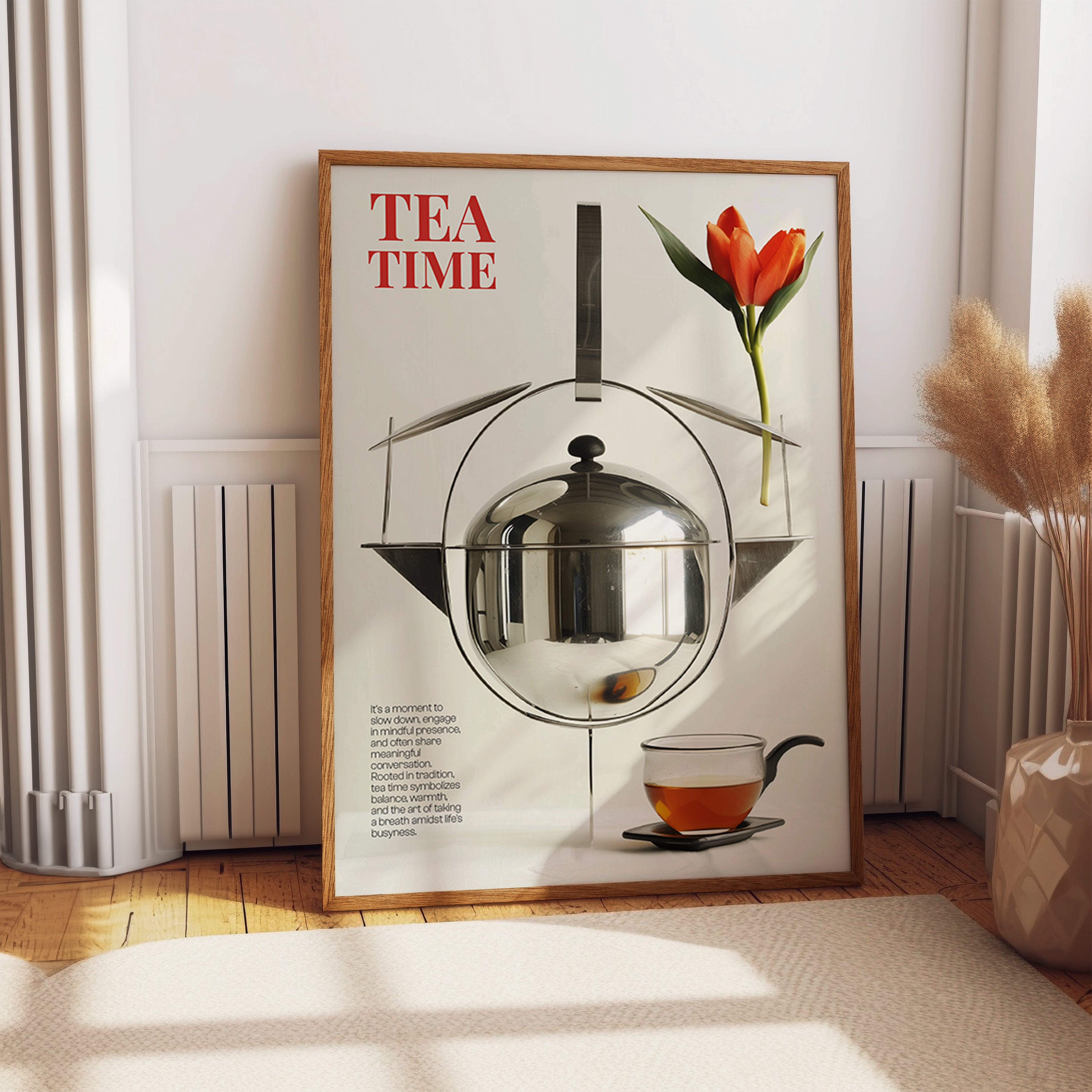 Tea Time Poster – Modern Bauhaus-Inspired Teapot and Typography Art Print