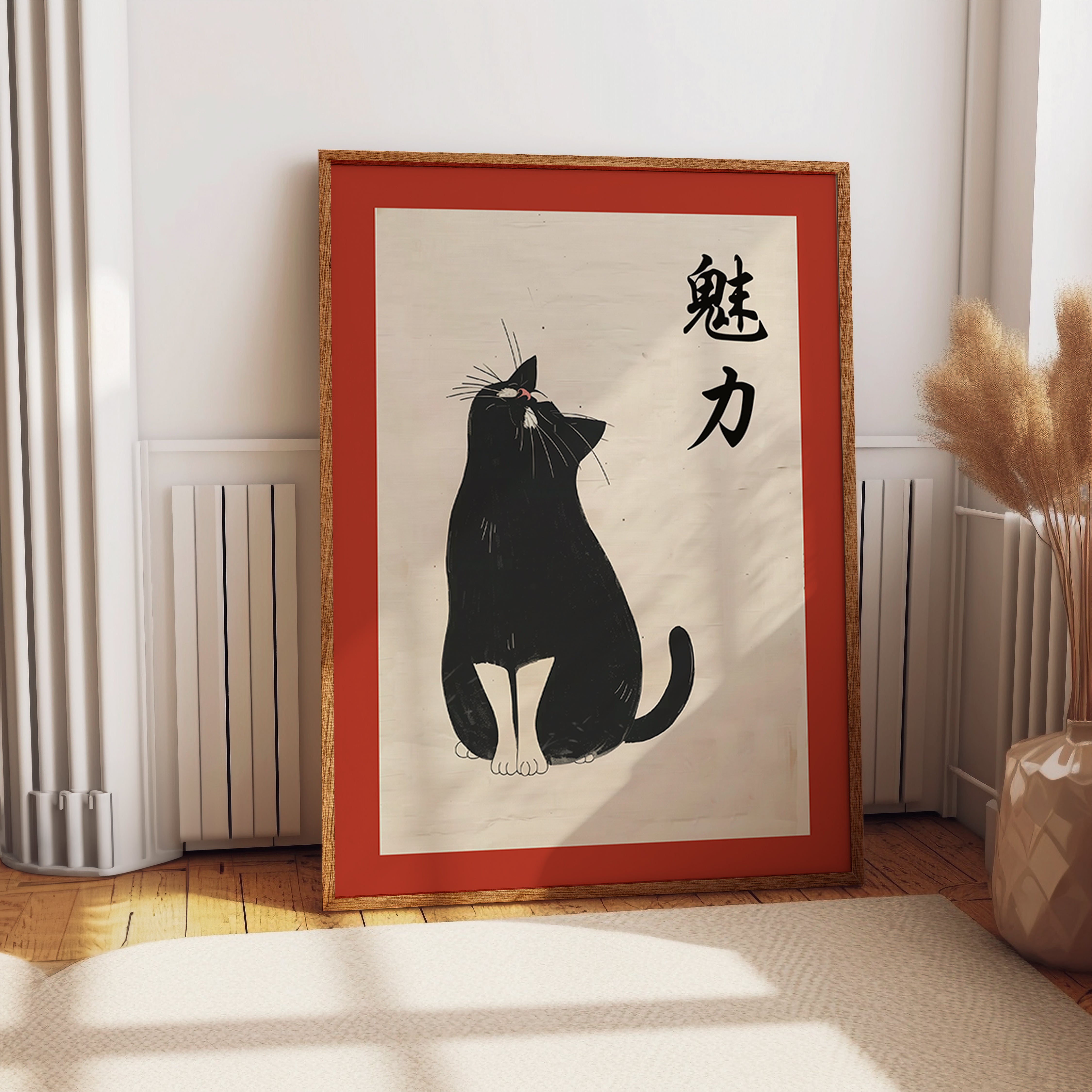 Zen Cat Charm Wall Art – Japanese Ink Style Tuxedo Cat Print with Kanji
