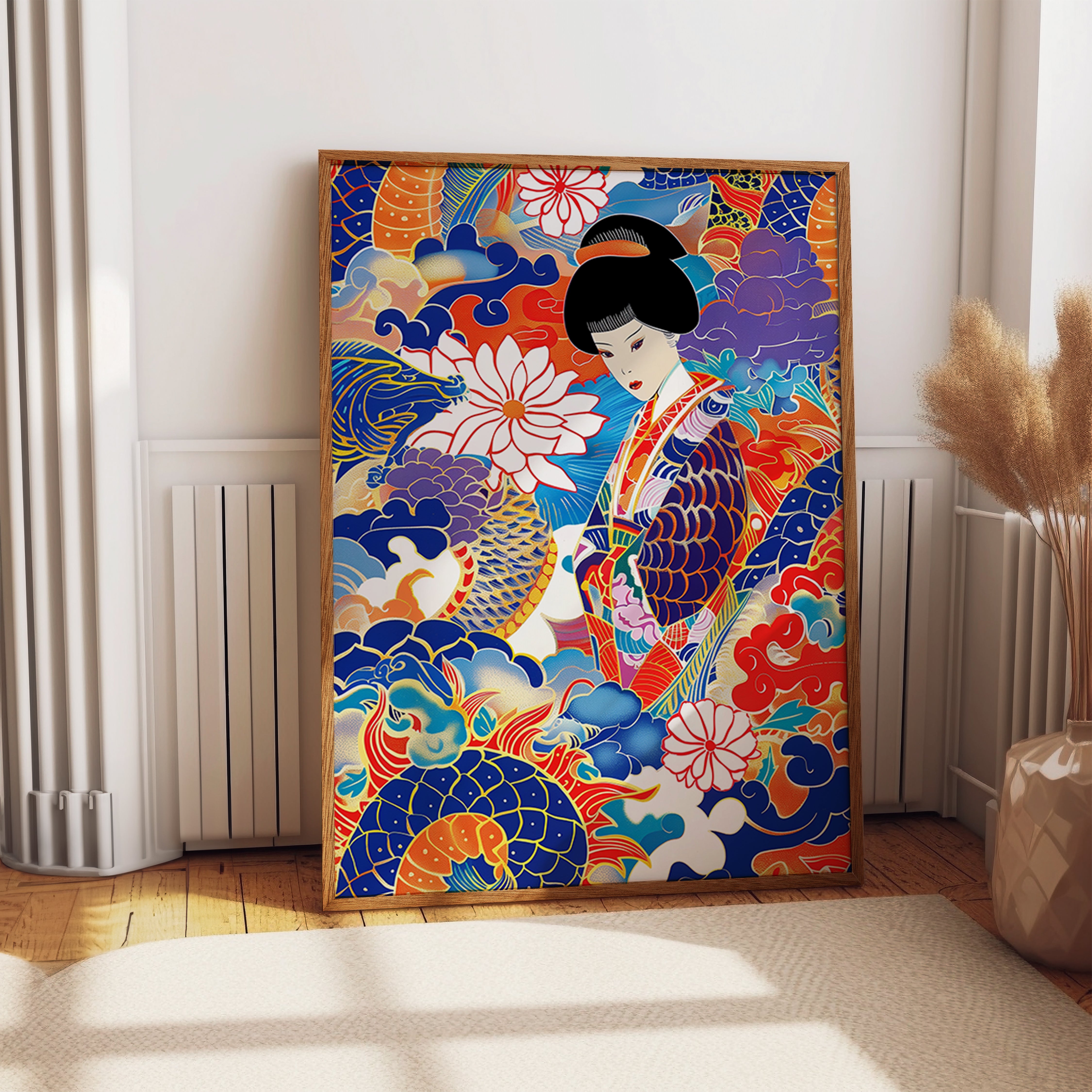 Geisha Dragon Lotus Tattoo Art Wall Print