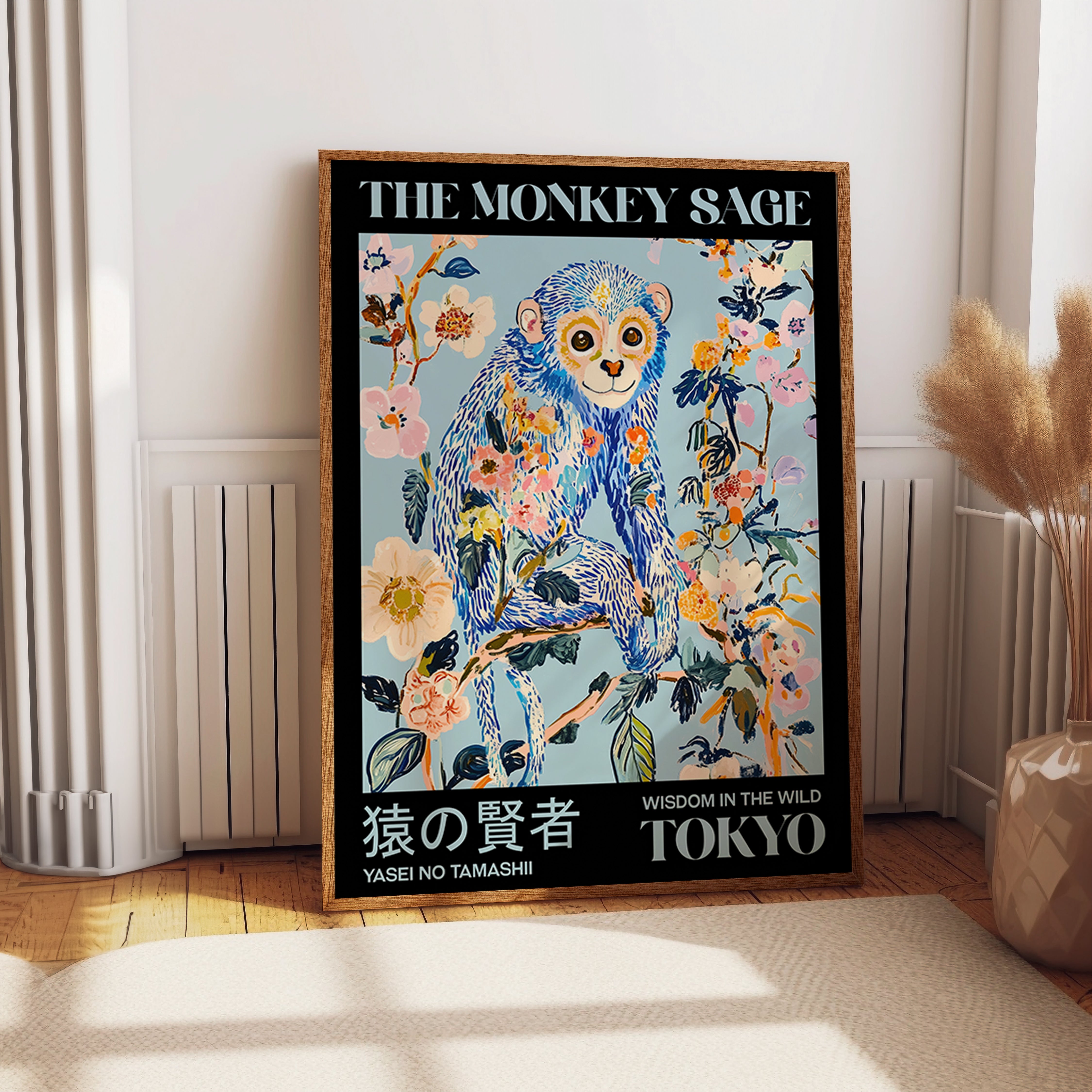 Vibrant Blue Monkey Surrounded By Blossoms Print