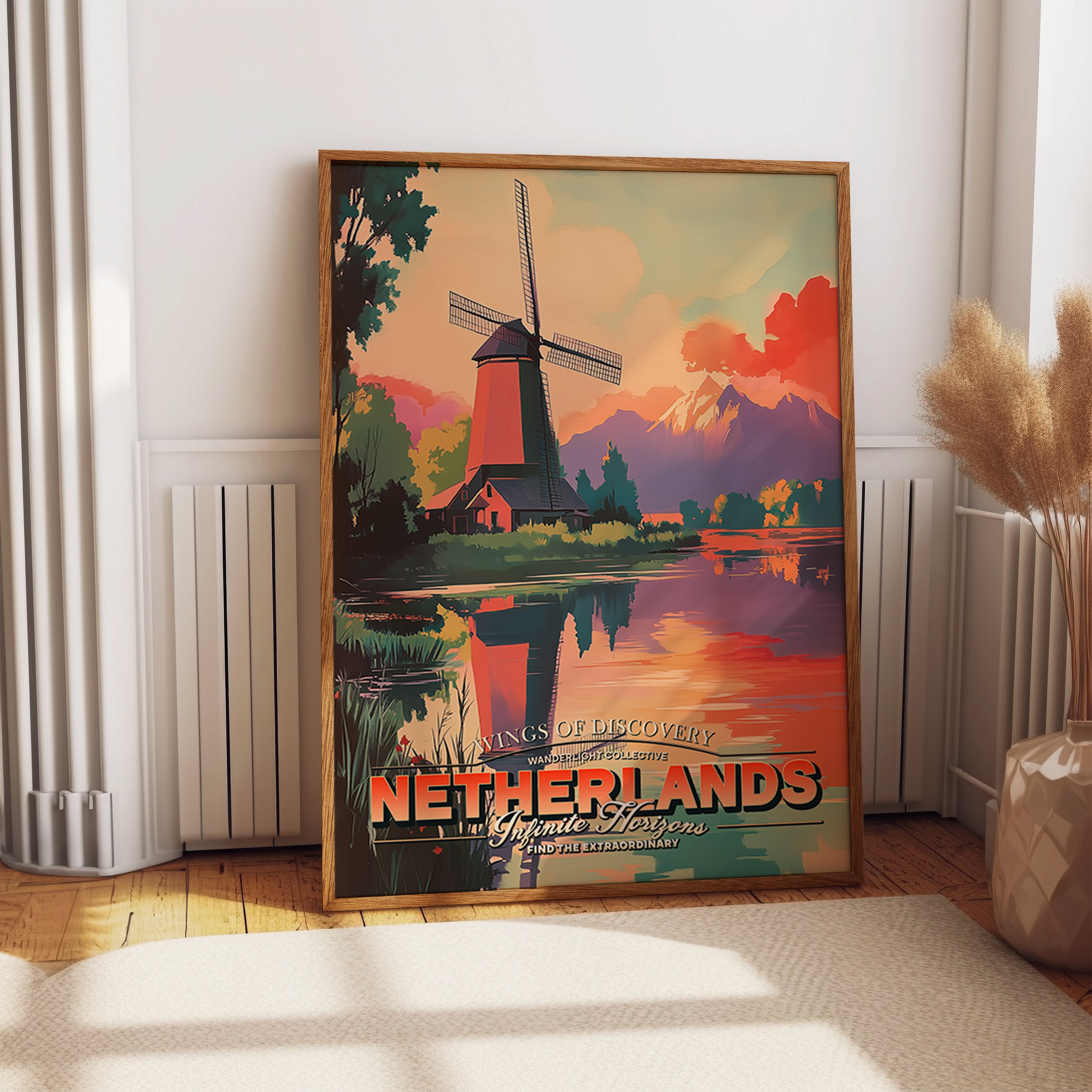 Netherlands Windmill Sunset Landscape Travel Poster Print