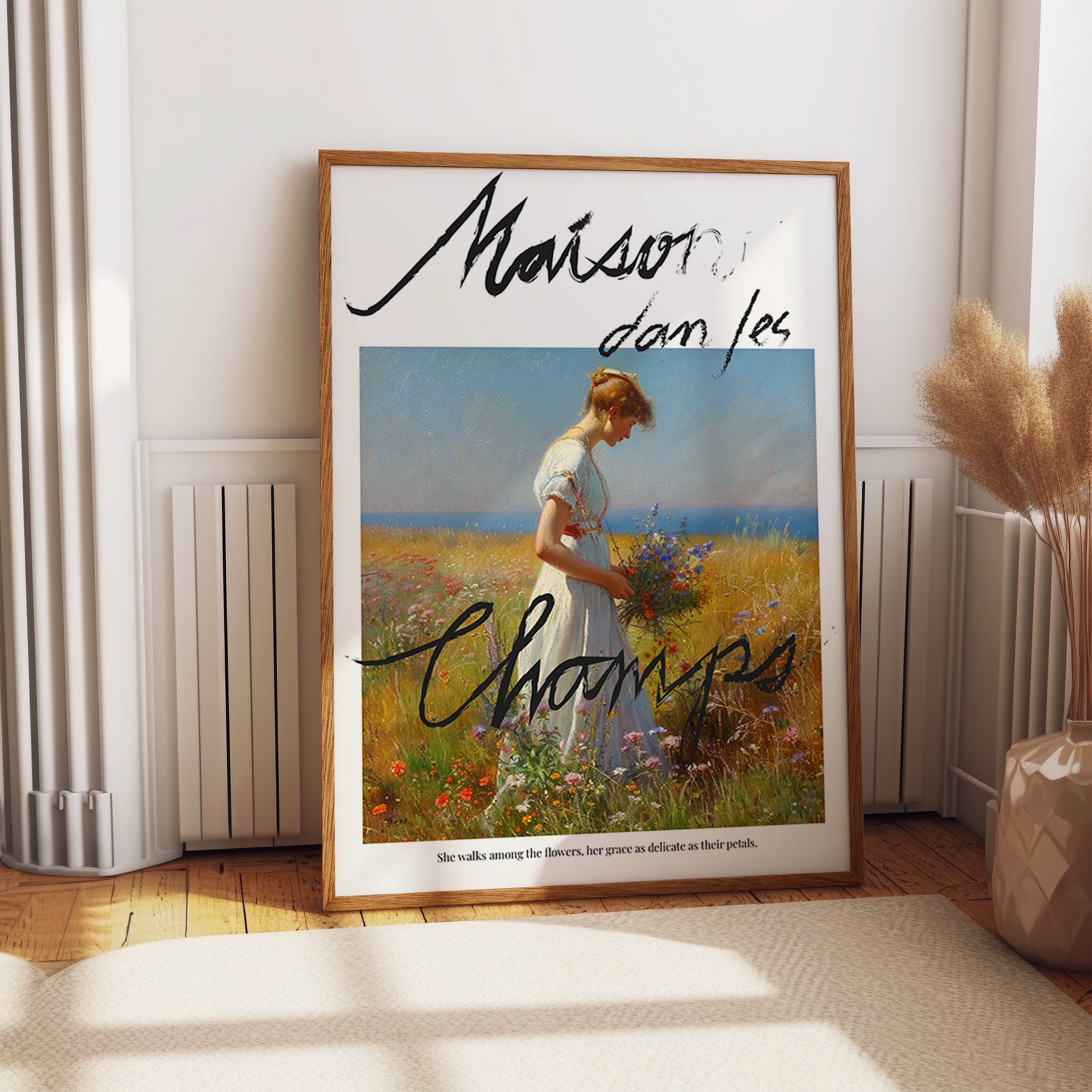 Woman in Flower Field Poster - Romantic Summer Meadow Scene Print