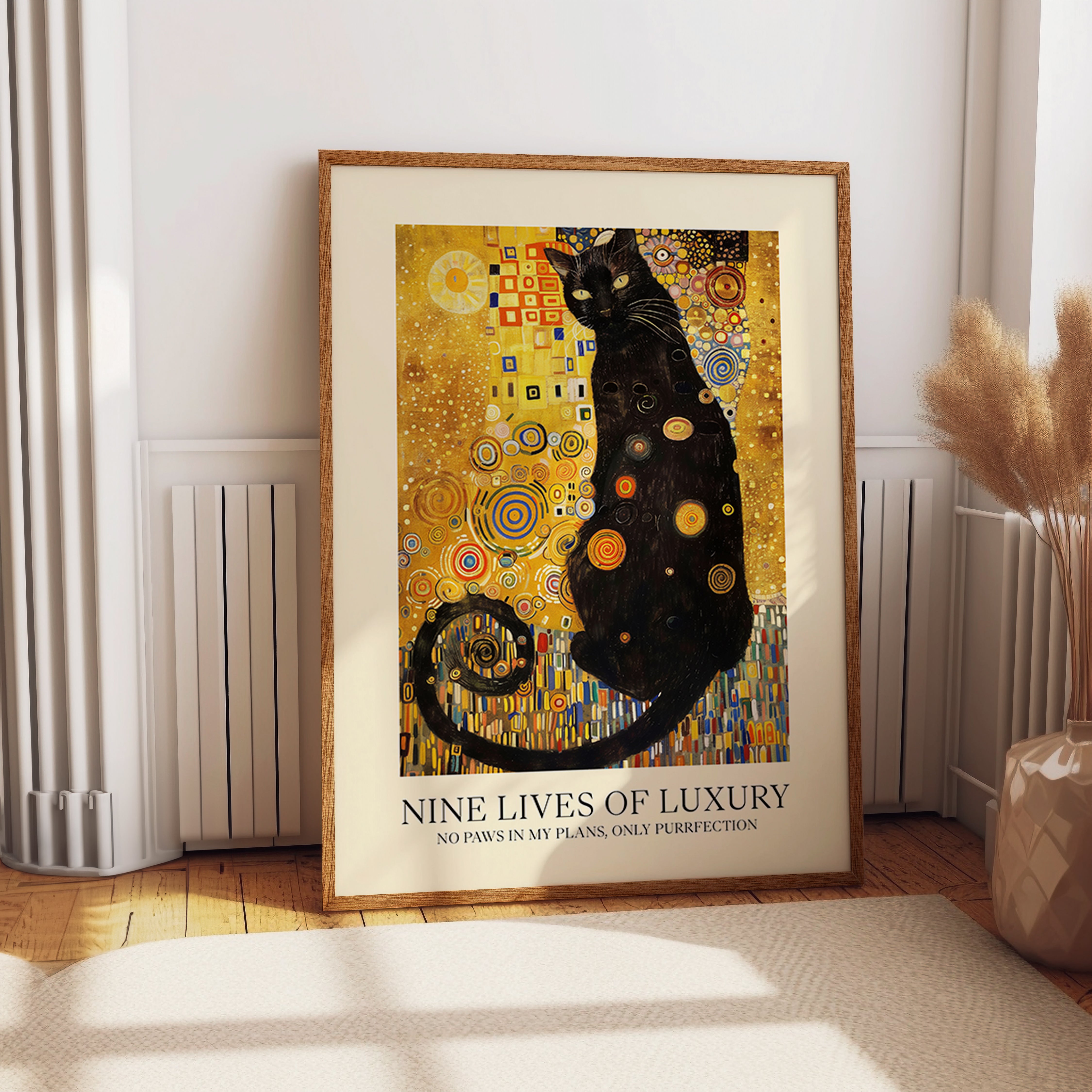 Nine Lives of Luxury Cat Poster – Klimt-Inspired Black Cat Wall Art – Ornate Gold Feline Print