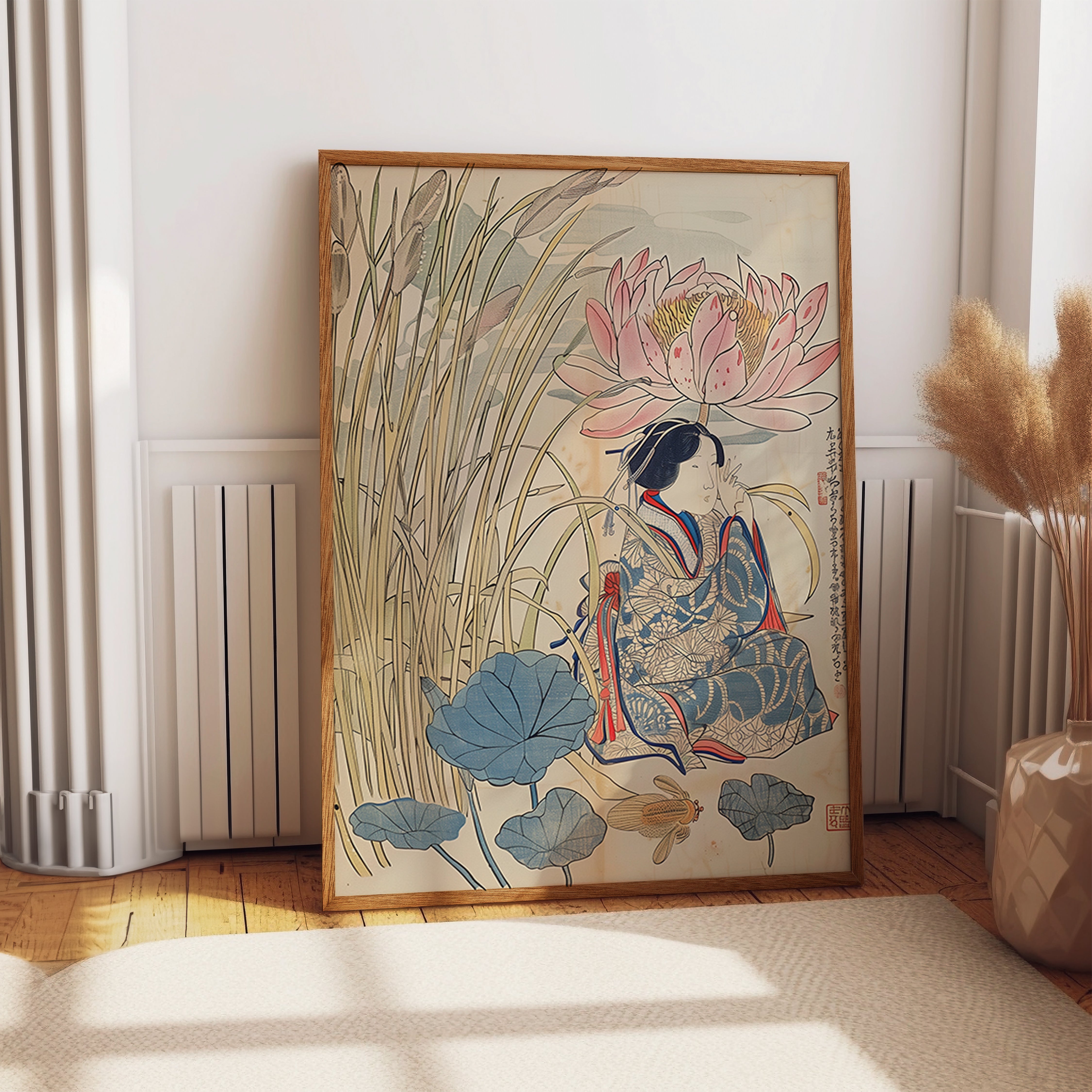 Japanese Lotus Garden Ukiyo-e Poster with Woman in Kimono Floral Art Print