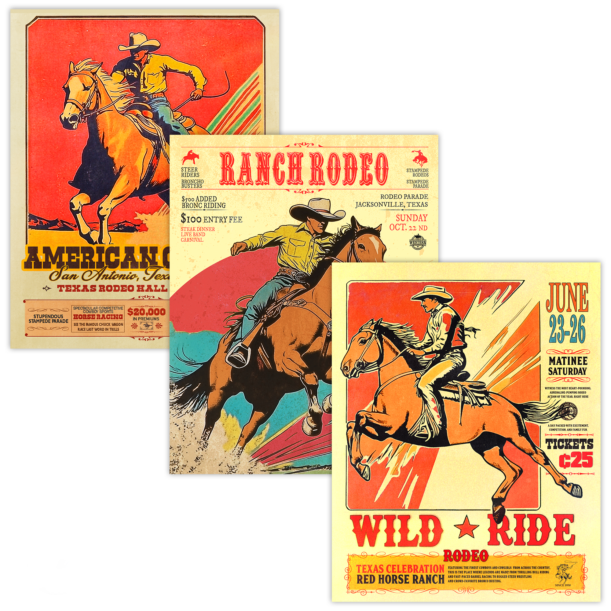 Classic Rodeo Cowboy Collection Wall Art Set of 3 Posters Print