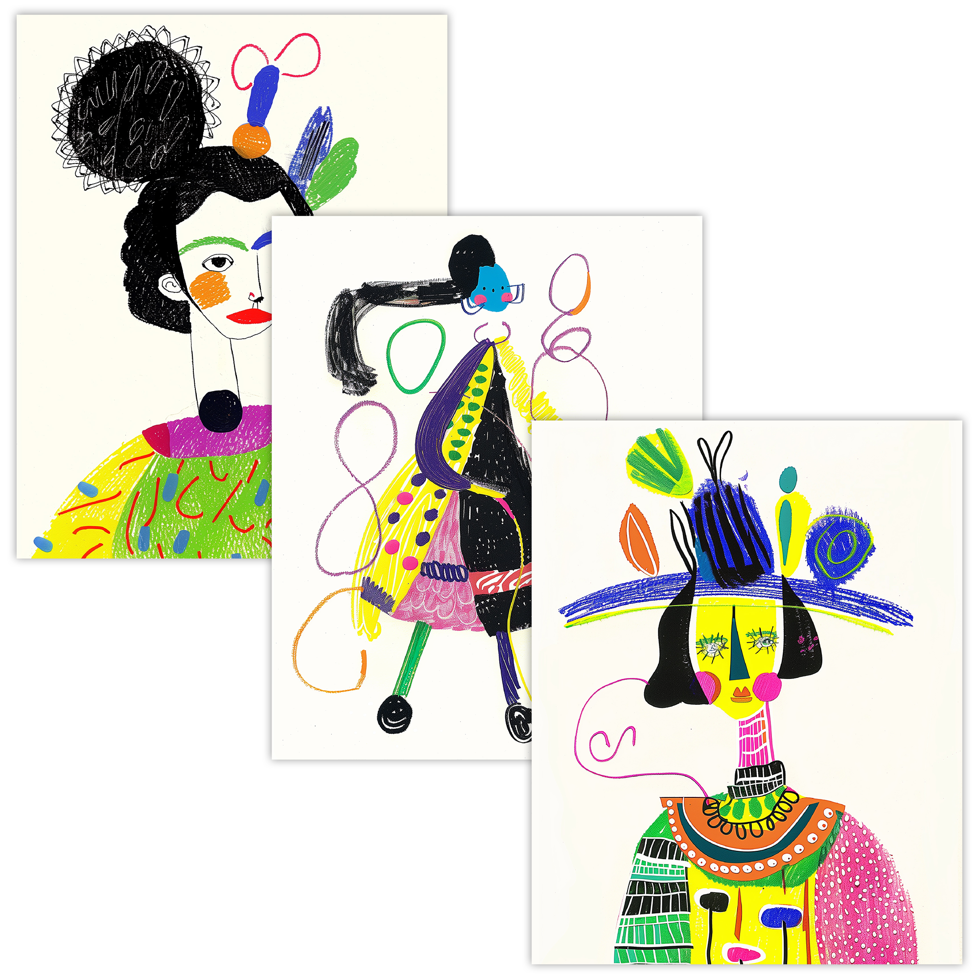 Abstract Colorful Fashion Portraits Art Set of 3 Print