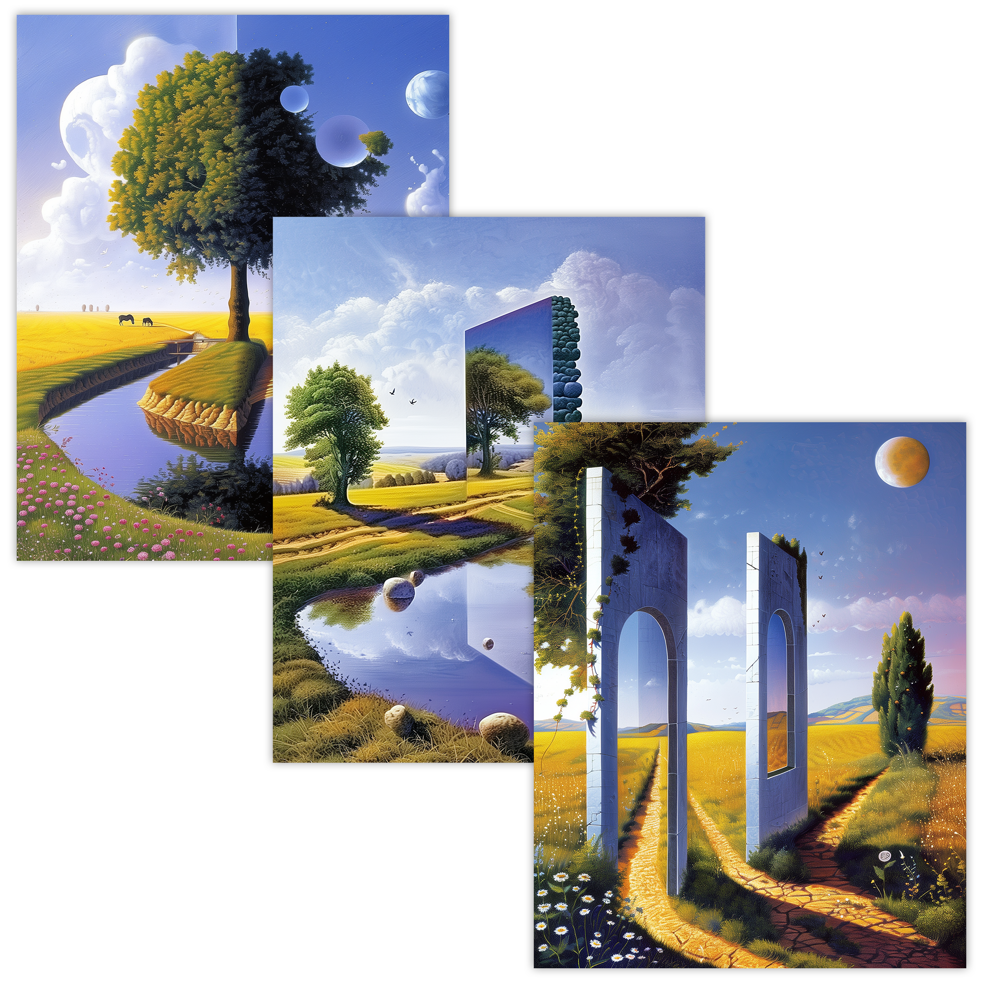 Surreal Landscape Reflection Art Set of 3 Print