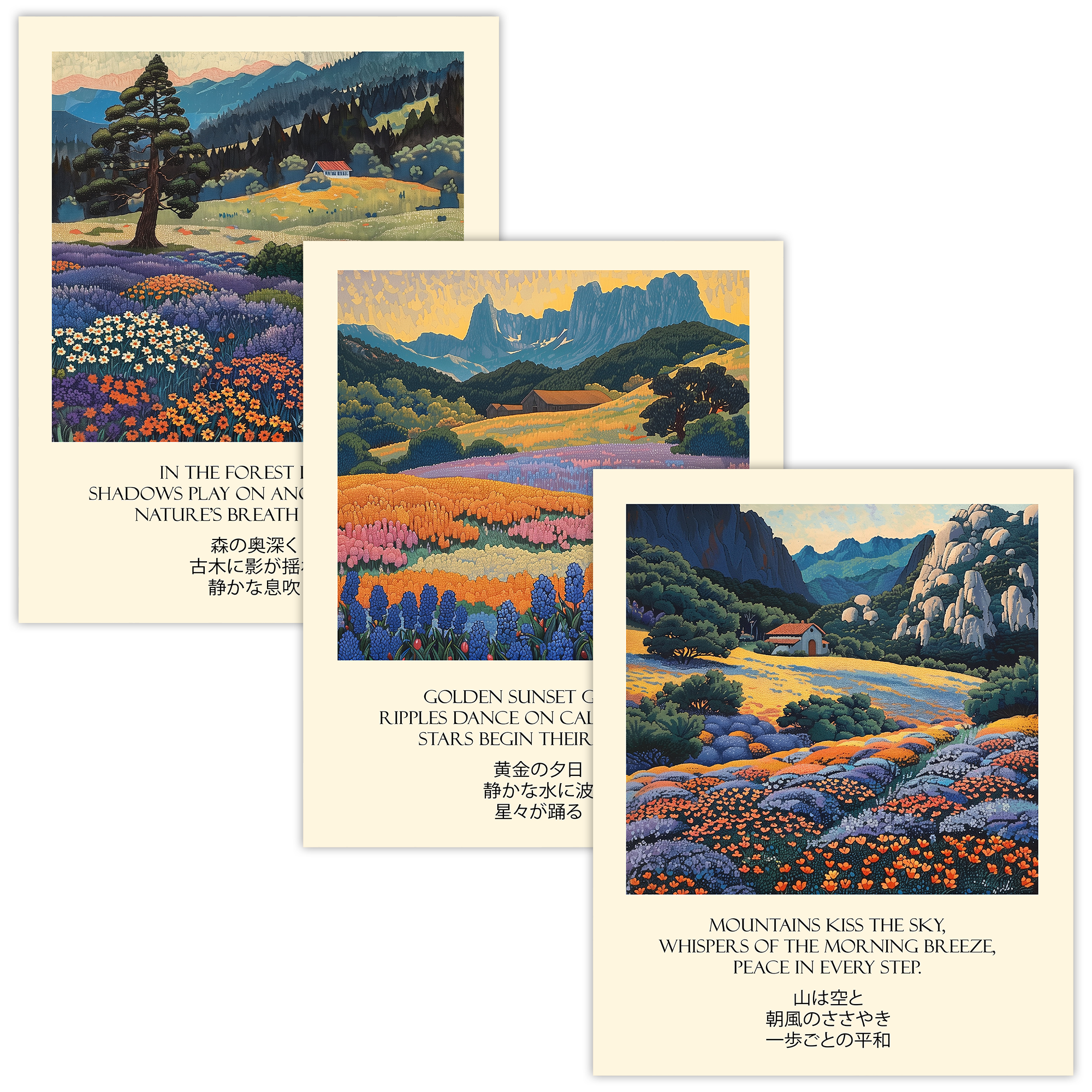 Golden Sunset Mountain Landscape Set of 3 Print
