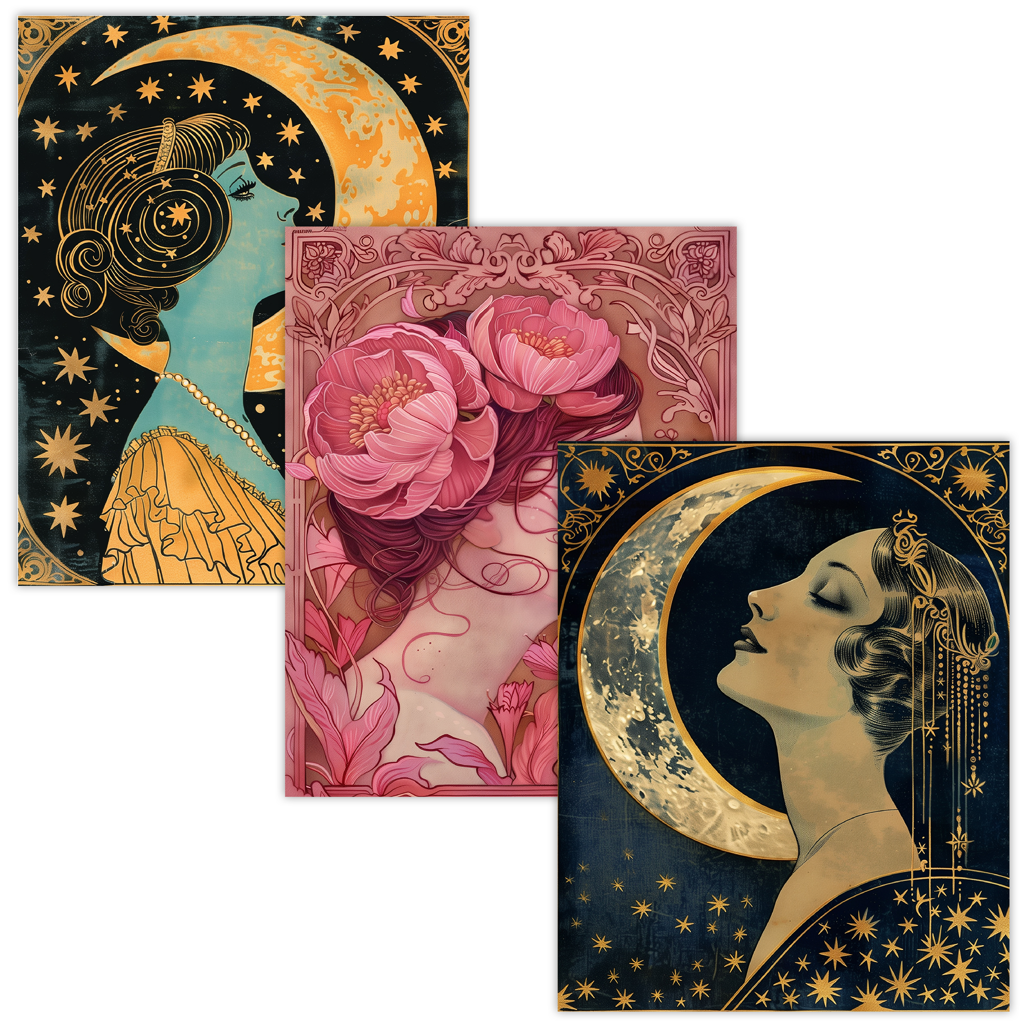 Art Nouveau Moonlit Trio - Set of 3 Elegant Wall Art Prints