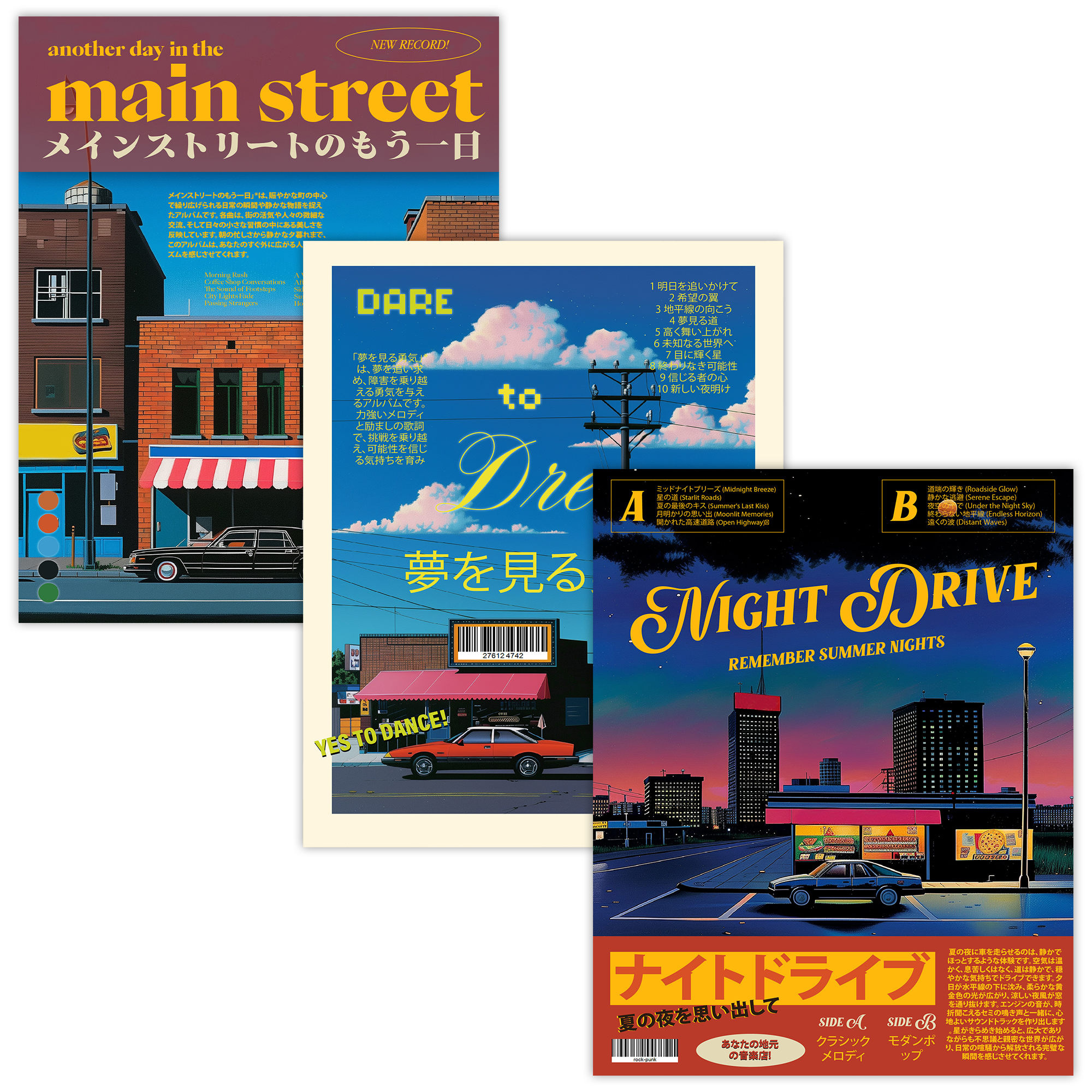Retro Japanese Street Scene Car Poster Set of 3 Print