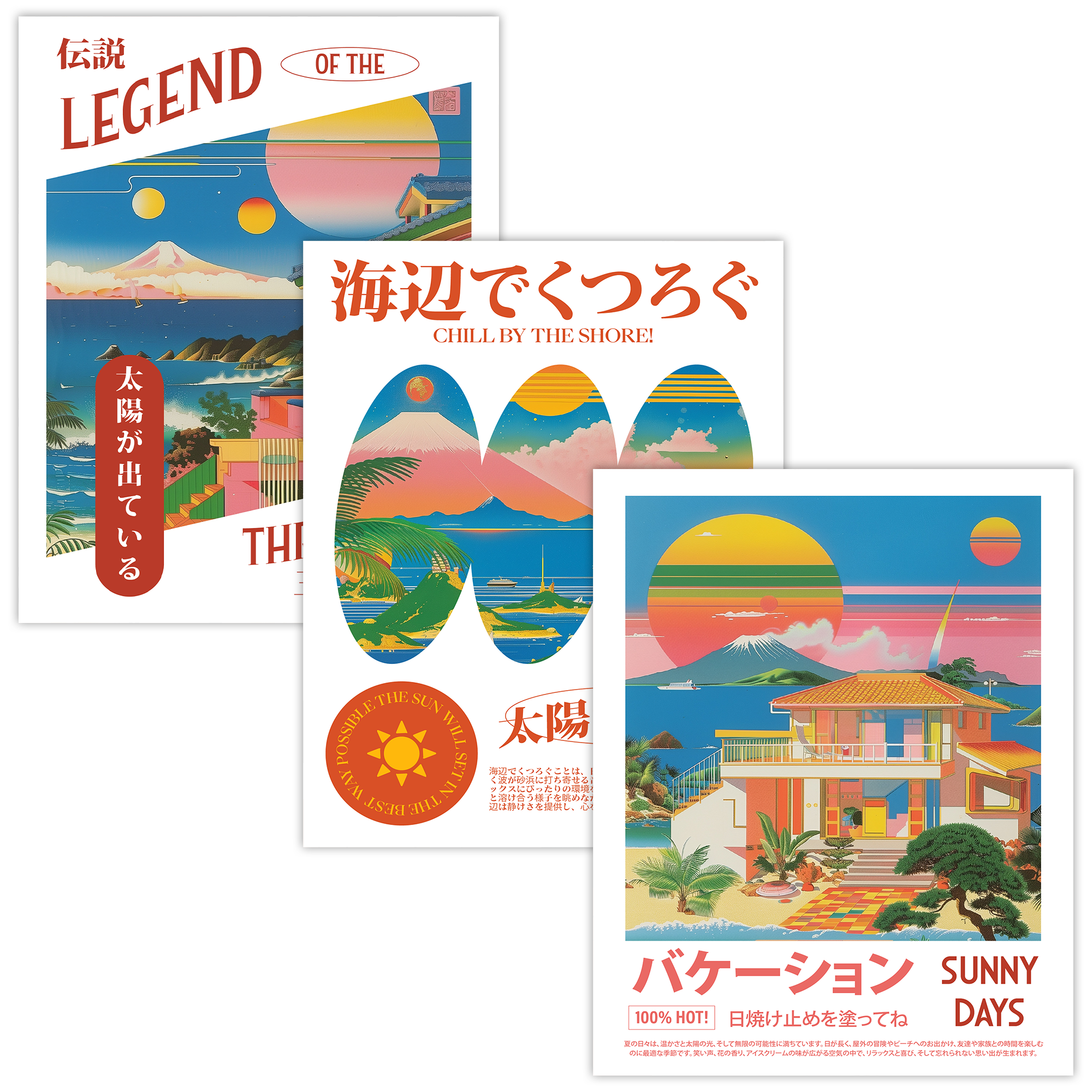 Colorful Tropical Japanese Summer Island Poster Set of 3 Print