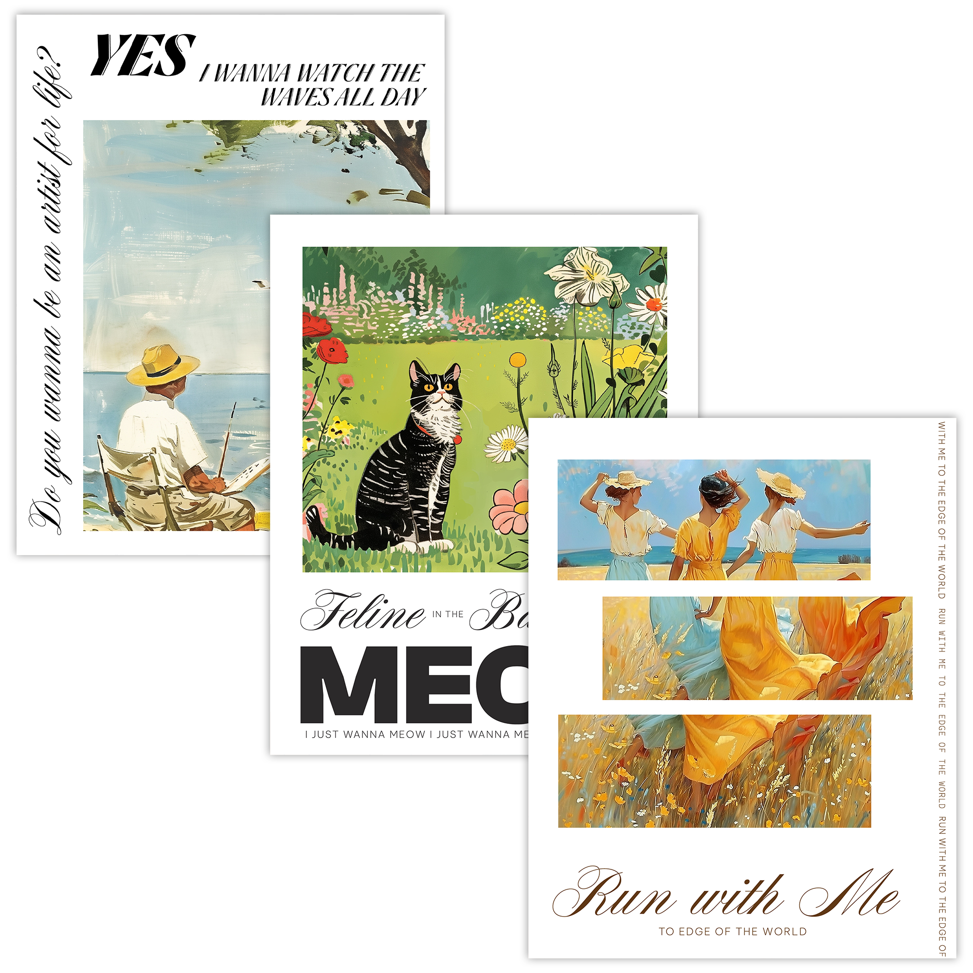Run with Me Feline Backyard Artist Life Print Set of 3