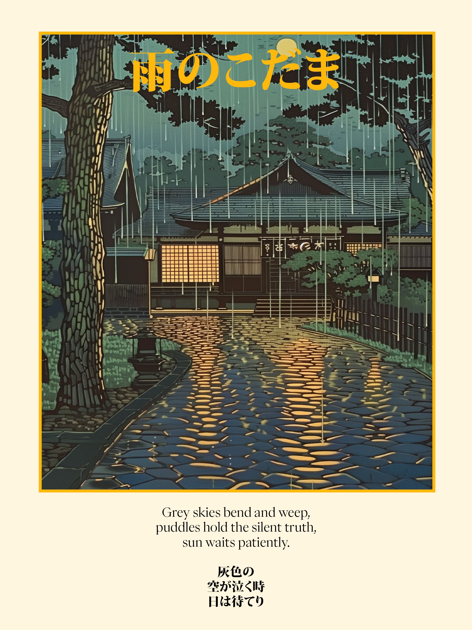 Japanese Rainy Temple Poster - Tranquil Woodblock Night Scene Print