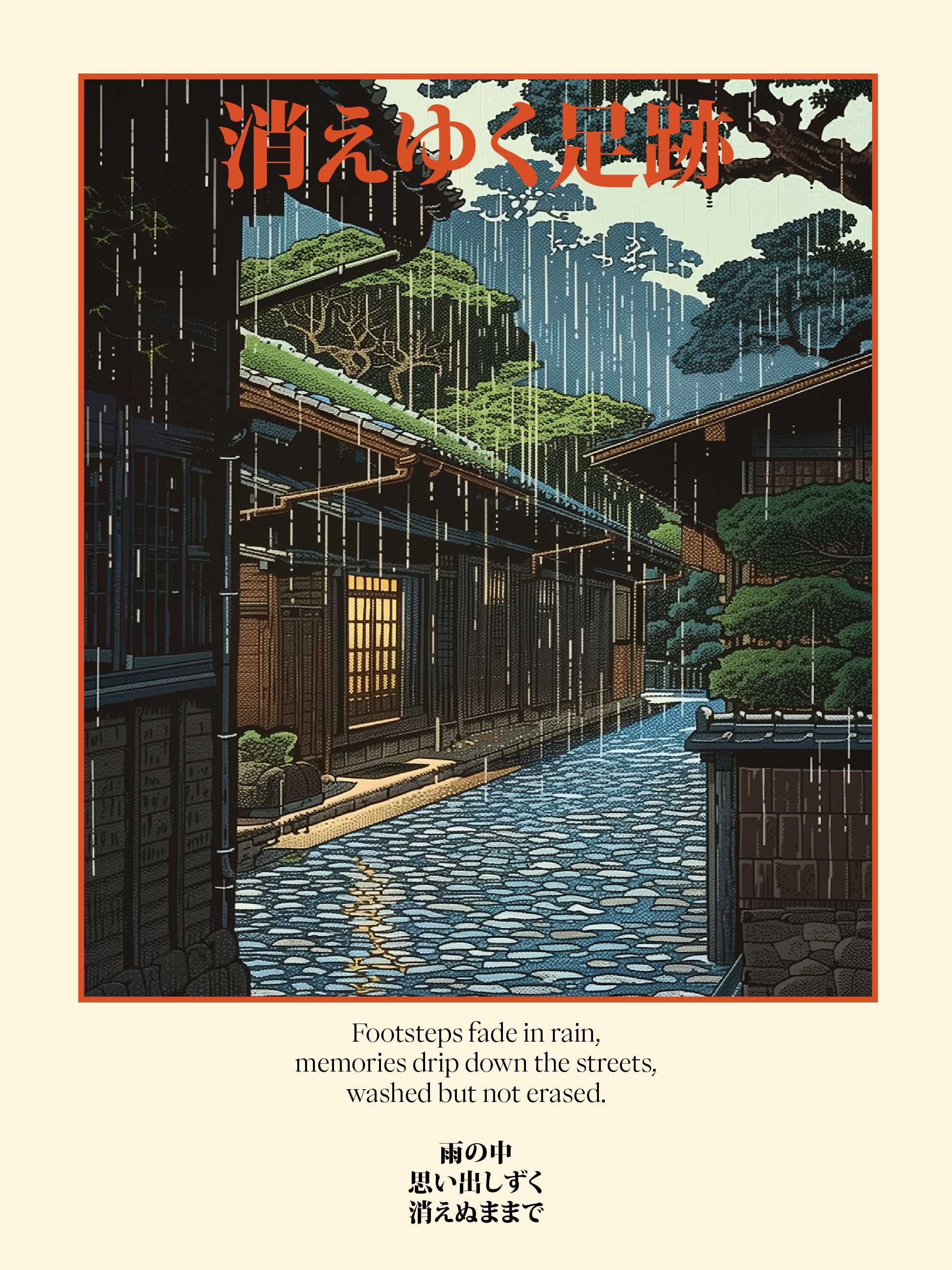 Japanese Street in Rain Poster - Poetic Woodblock Evening Scene Print