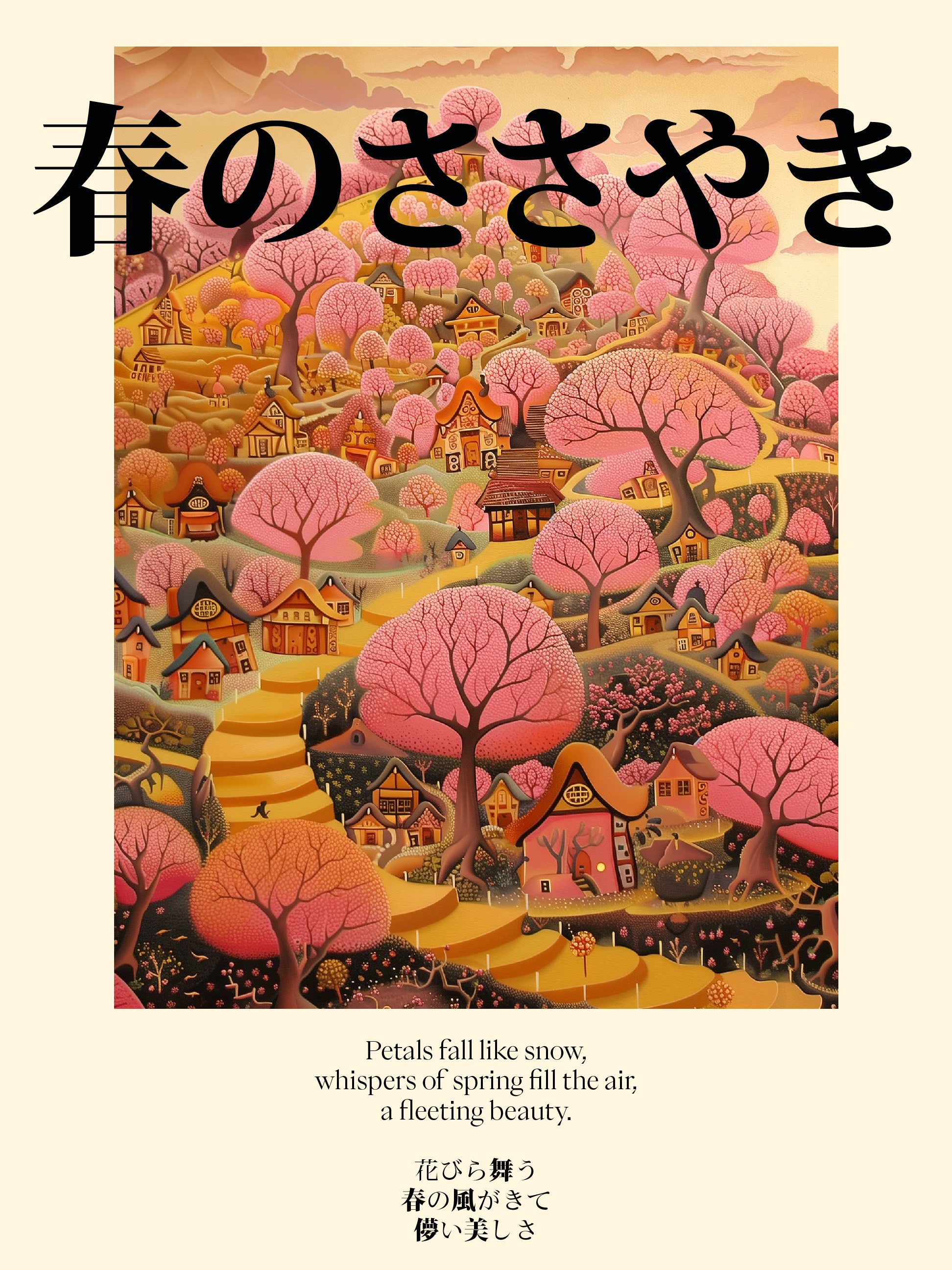 Cherry Blossom Village Poster - Whispers of Japanese Spring Print