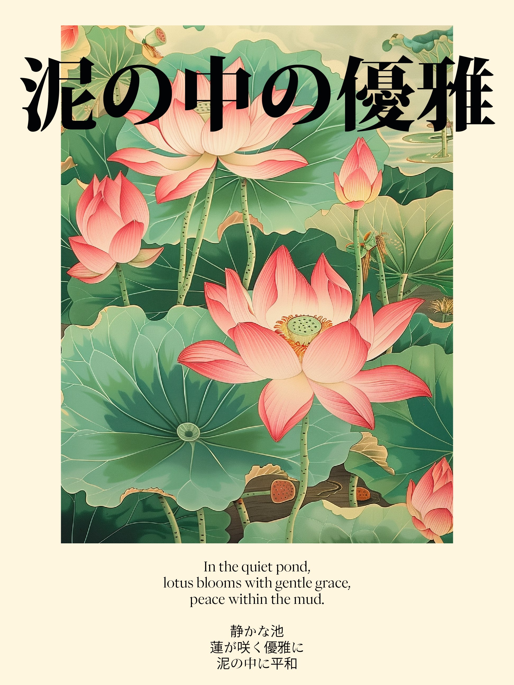 Lotus Flowers in Pond Poster - Japanese Zen Botanical Art Print