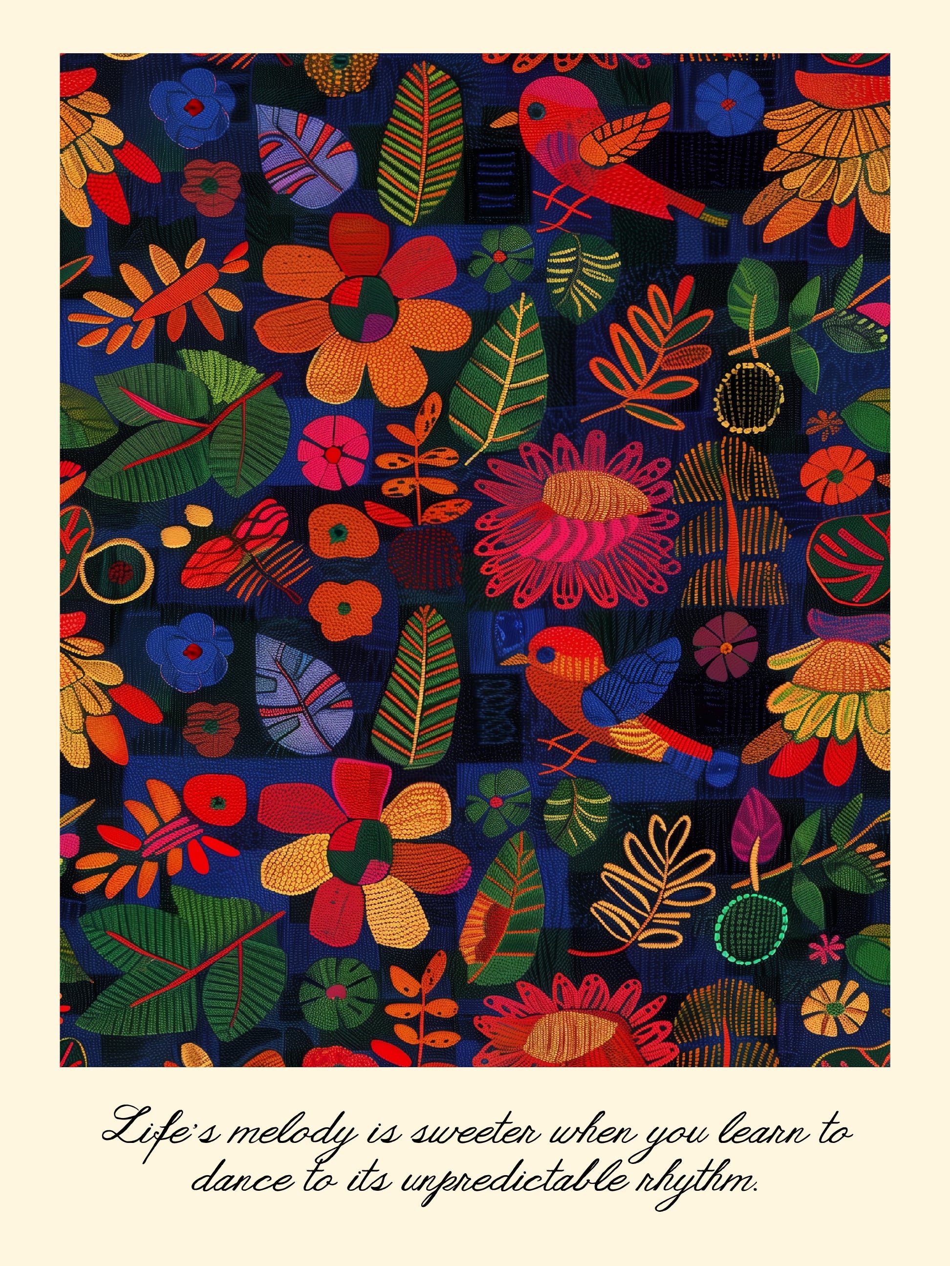 Vibrant Garden Birds Folk Art Style Print