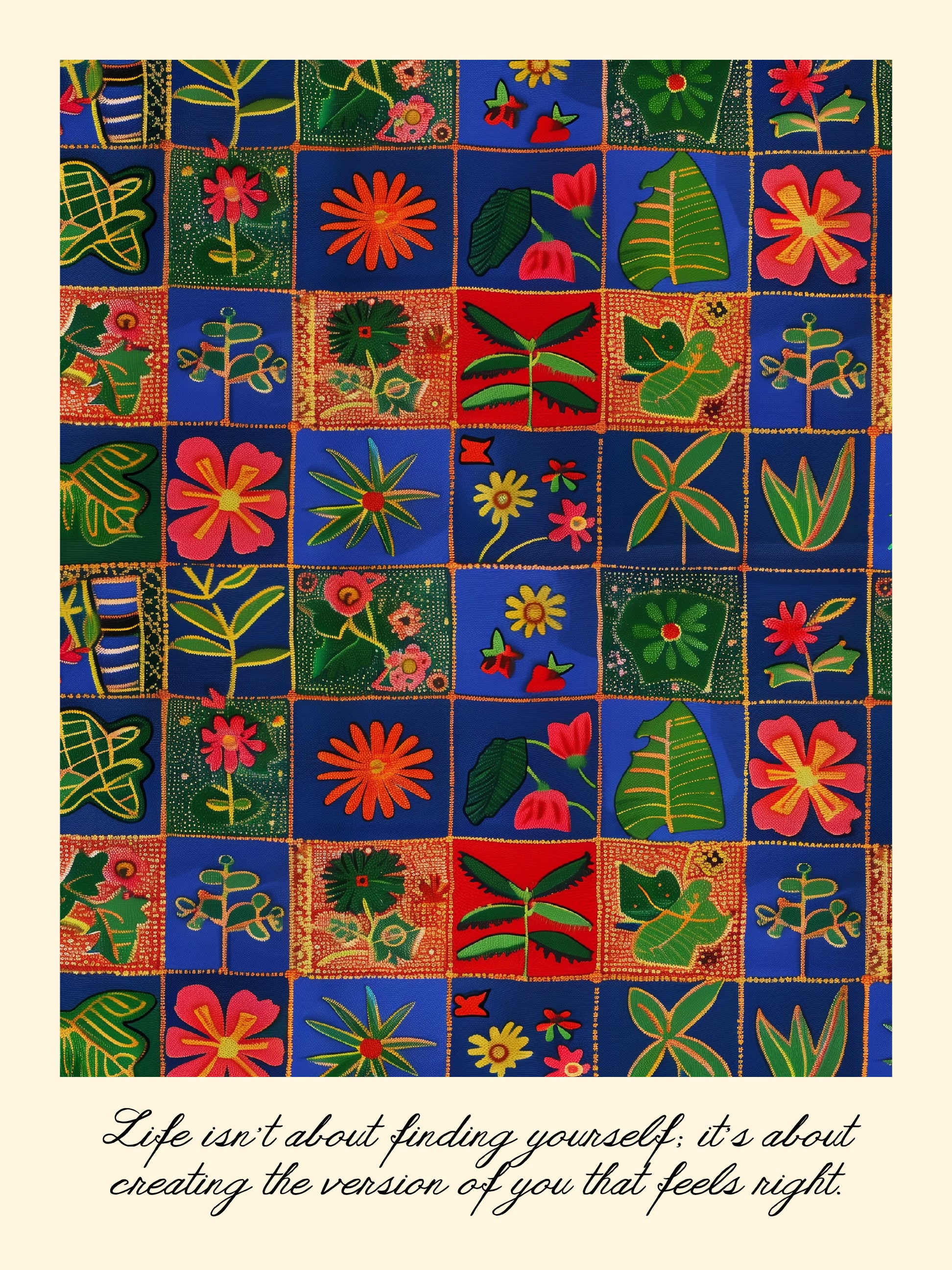 Botanical Embroidered Patchwork Grid Style Print