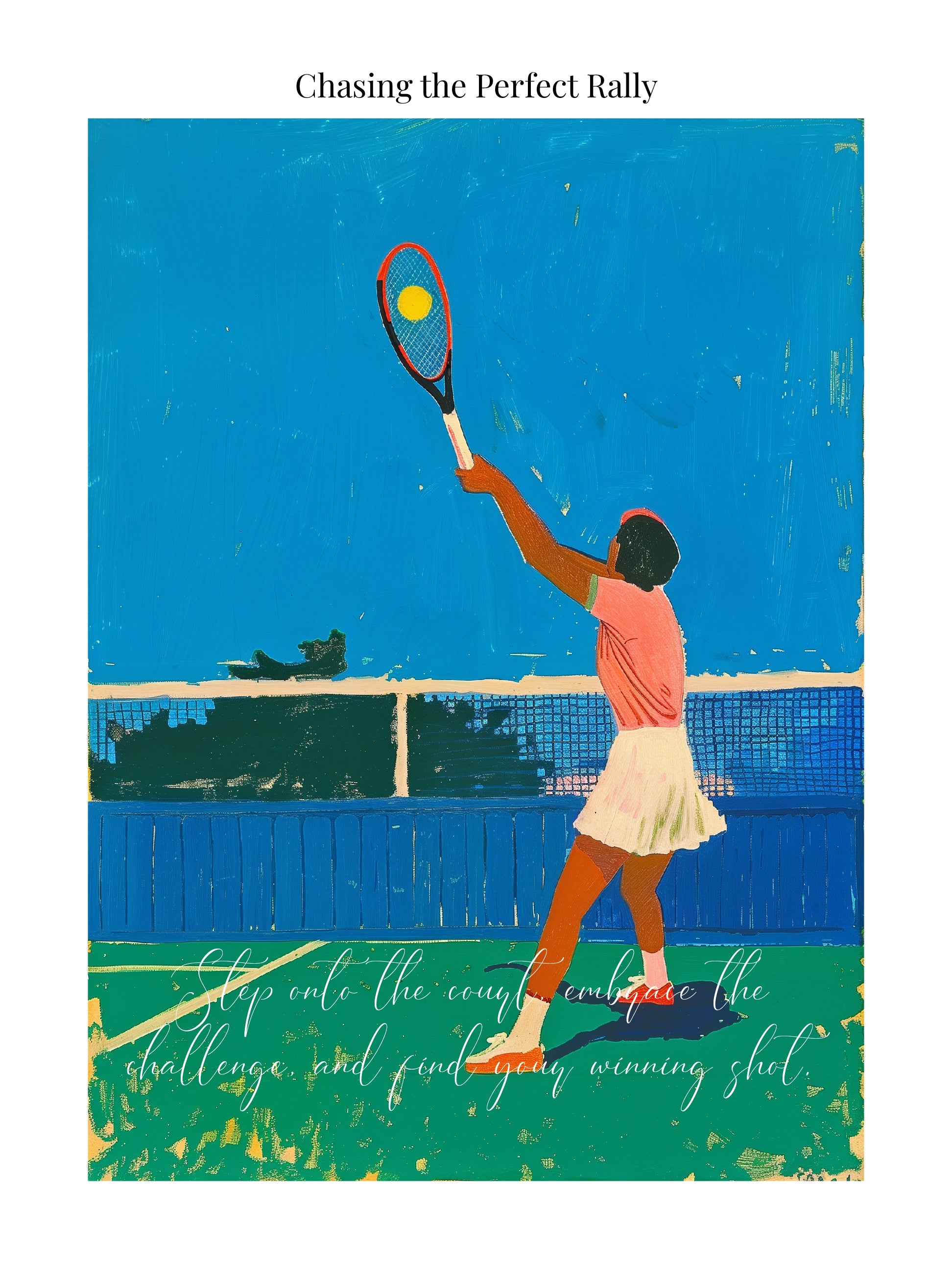 Female Tennis Player Poster in Action with Bold Colors and Motivational Quote – Sports Art Print
