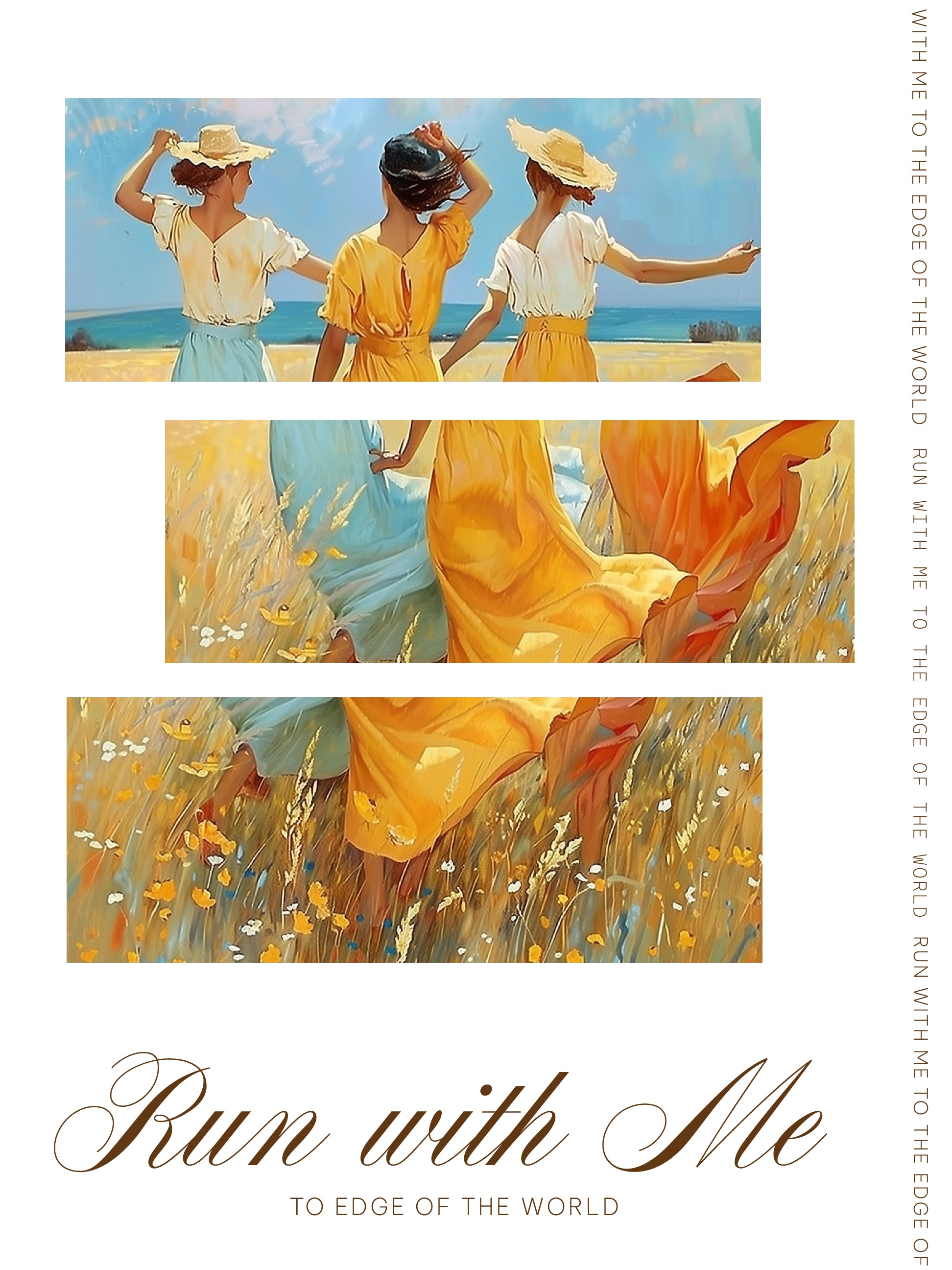 Three Women Running in Golden Field Print