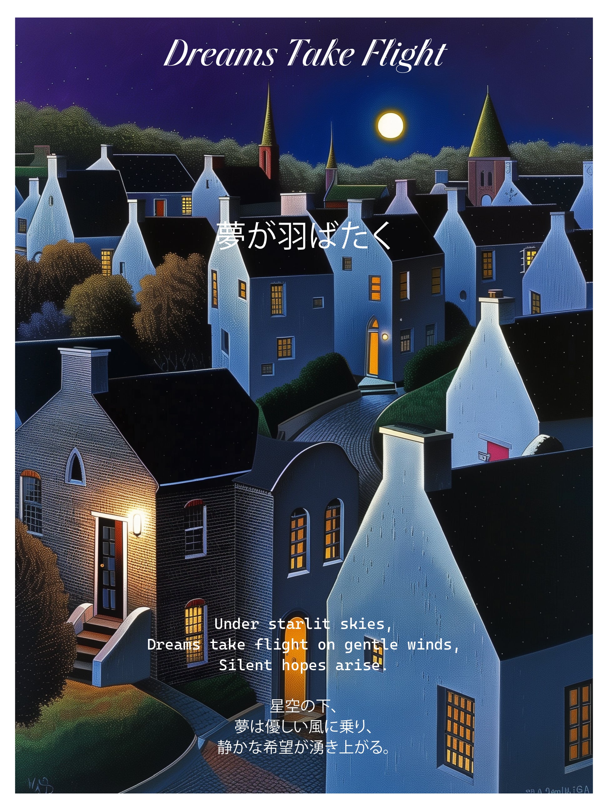 Moonlit Village Under Starlit Nightscape Print