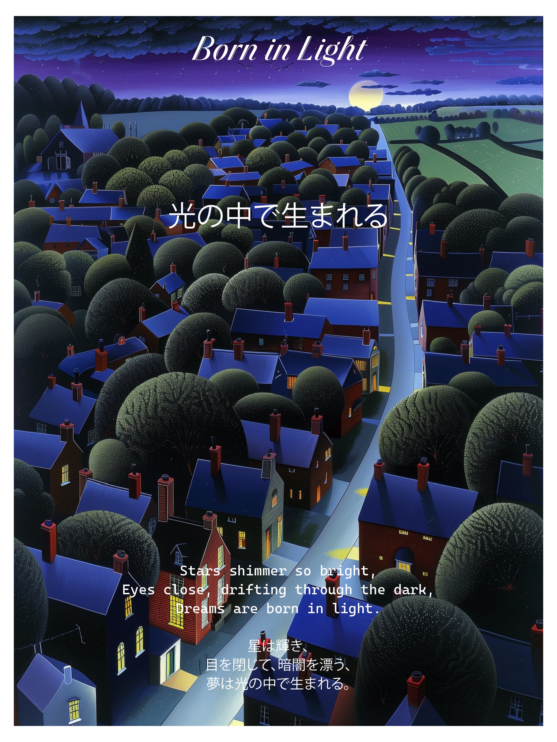 Moonlit Road Through Dreamlike Village Scene Print