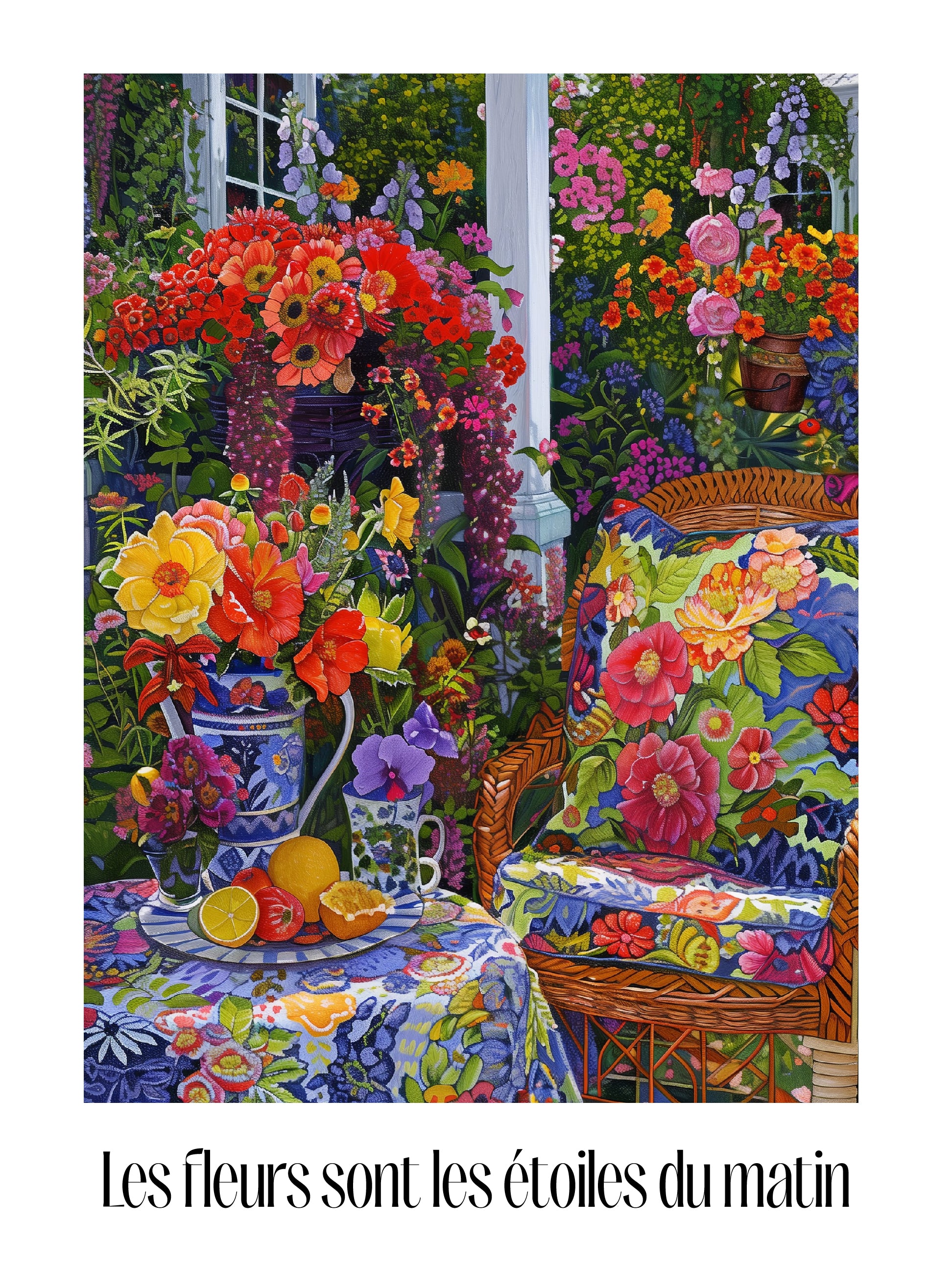 Vibrant Floral Garden Patio Morning Scene Print