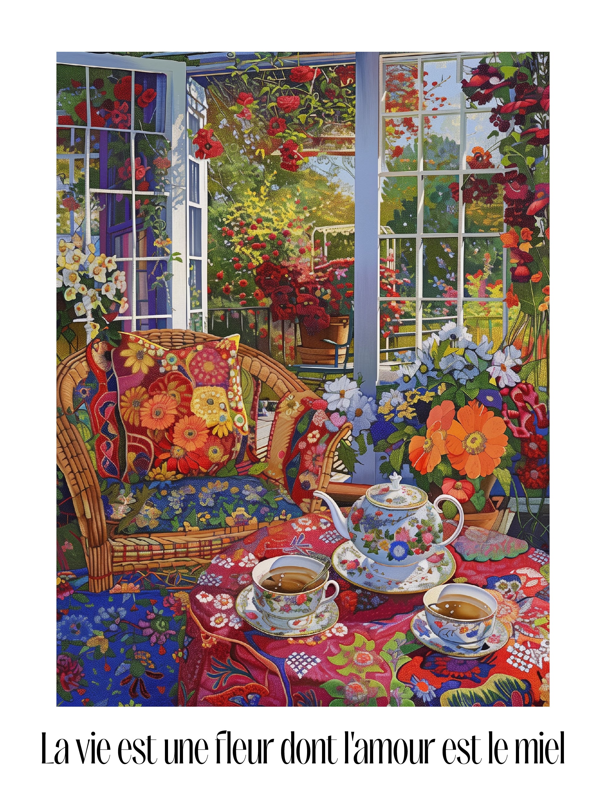 Cozy Floral Tea Garden Window View Print