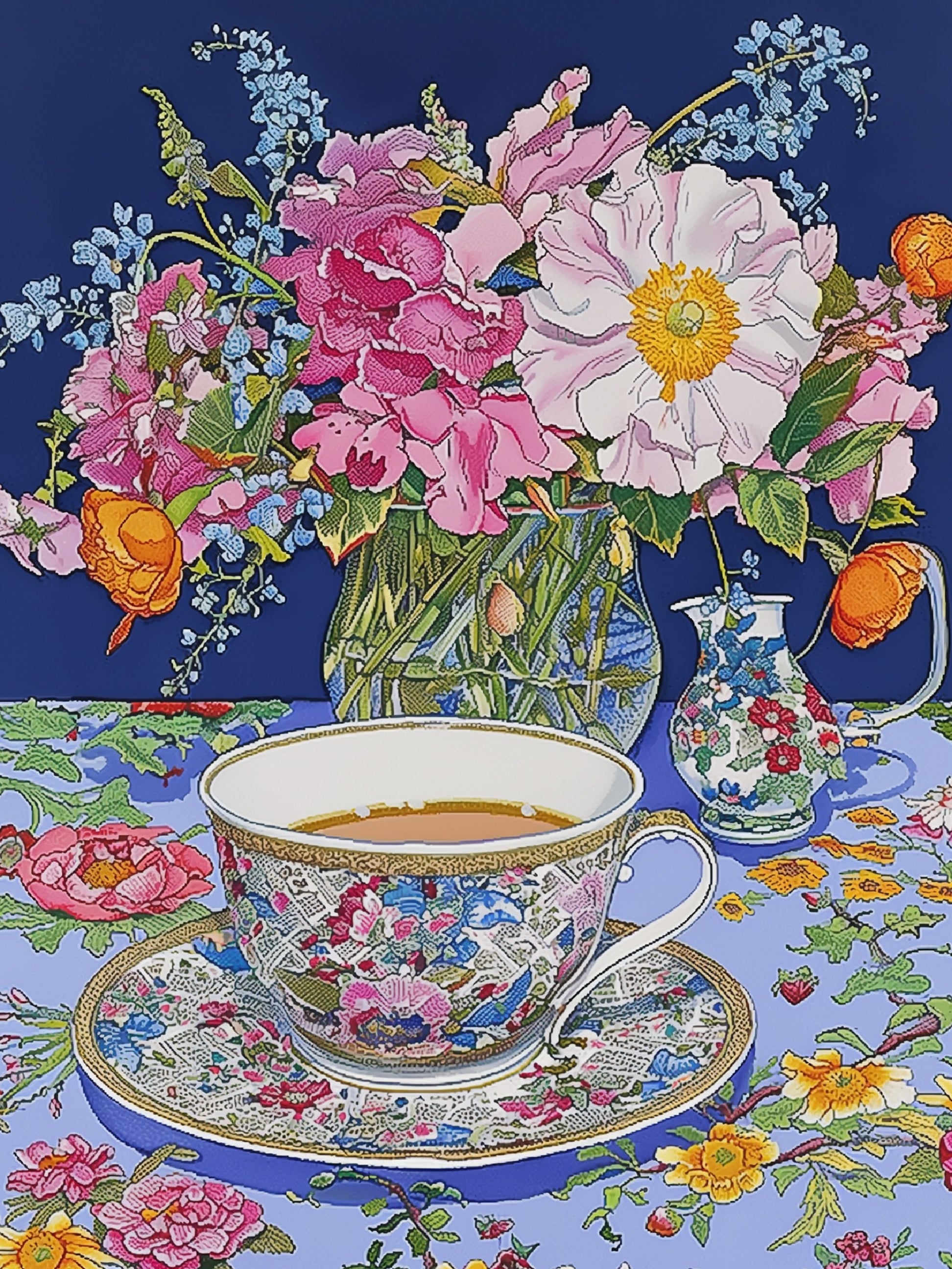 Vibrant Floral Tea Setting Classic Blue Print