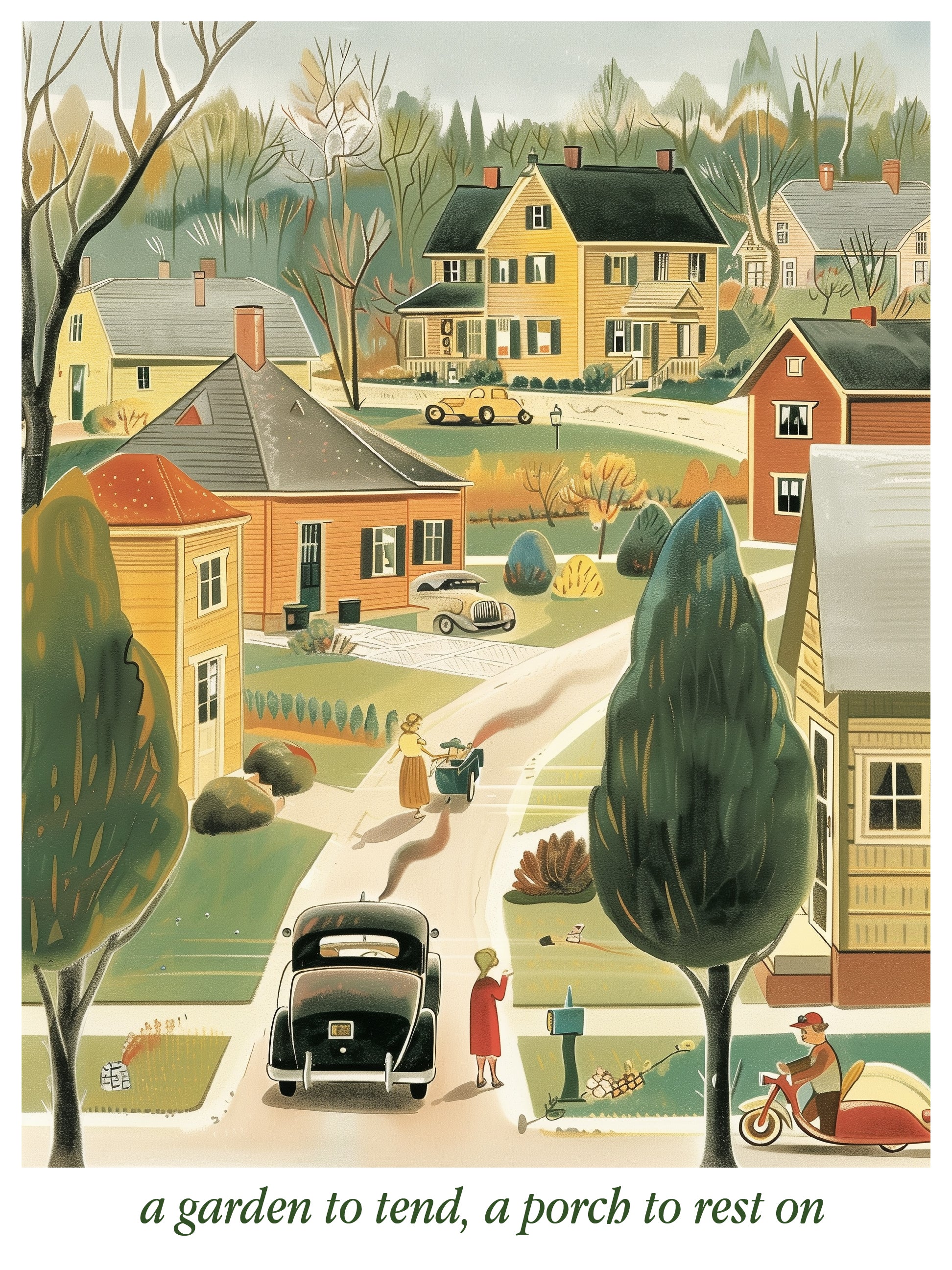 Retro Suburban Neighborhood Autumn Scene Art Print