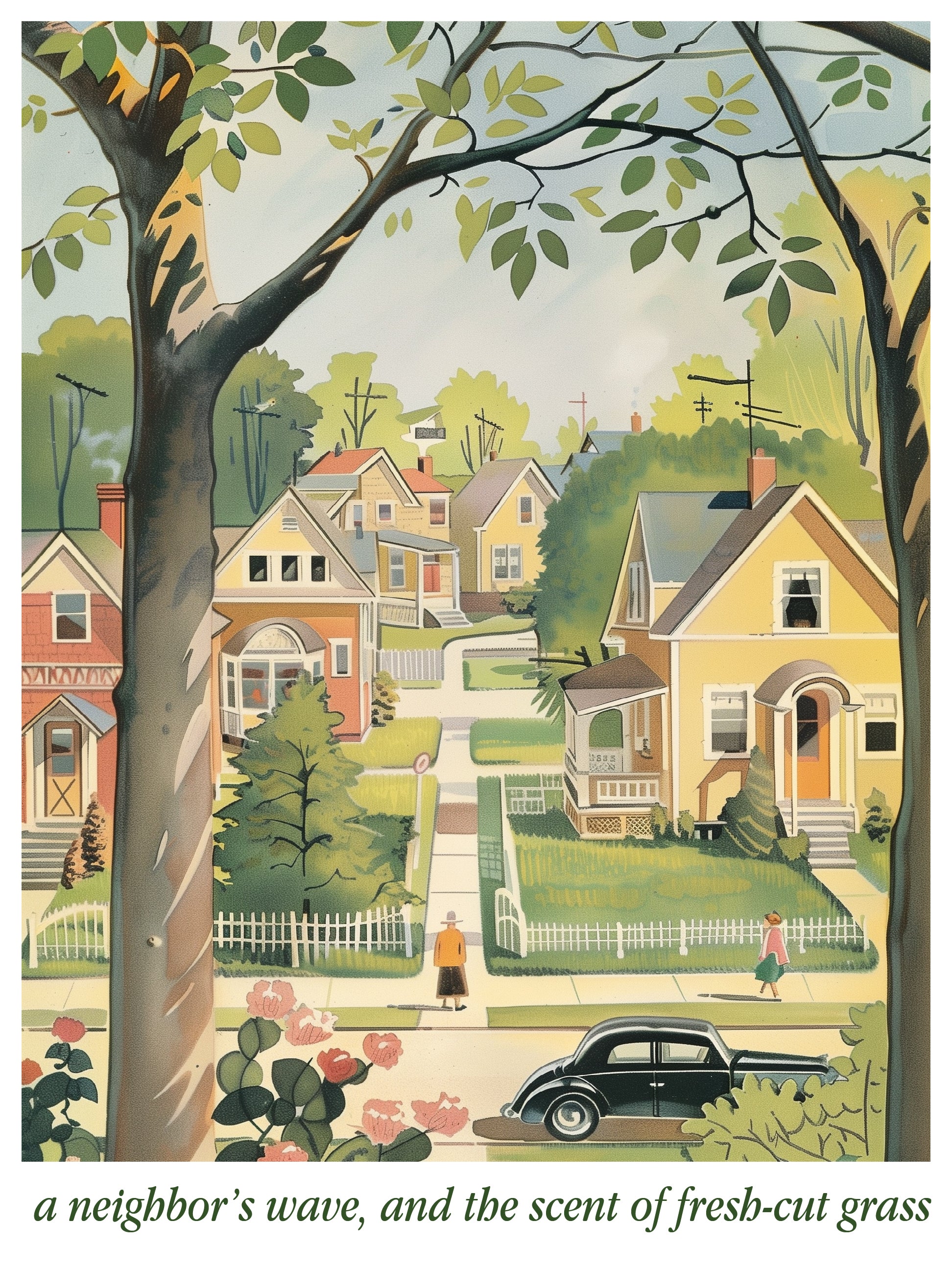 Charming Suburban Neighborhood Vintage Summer Scene Print