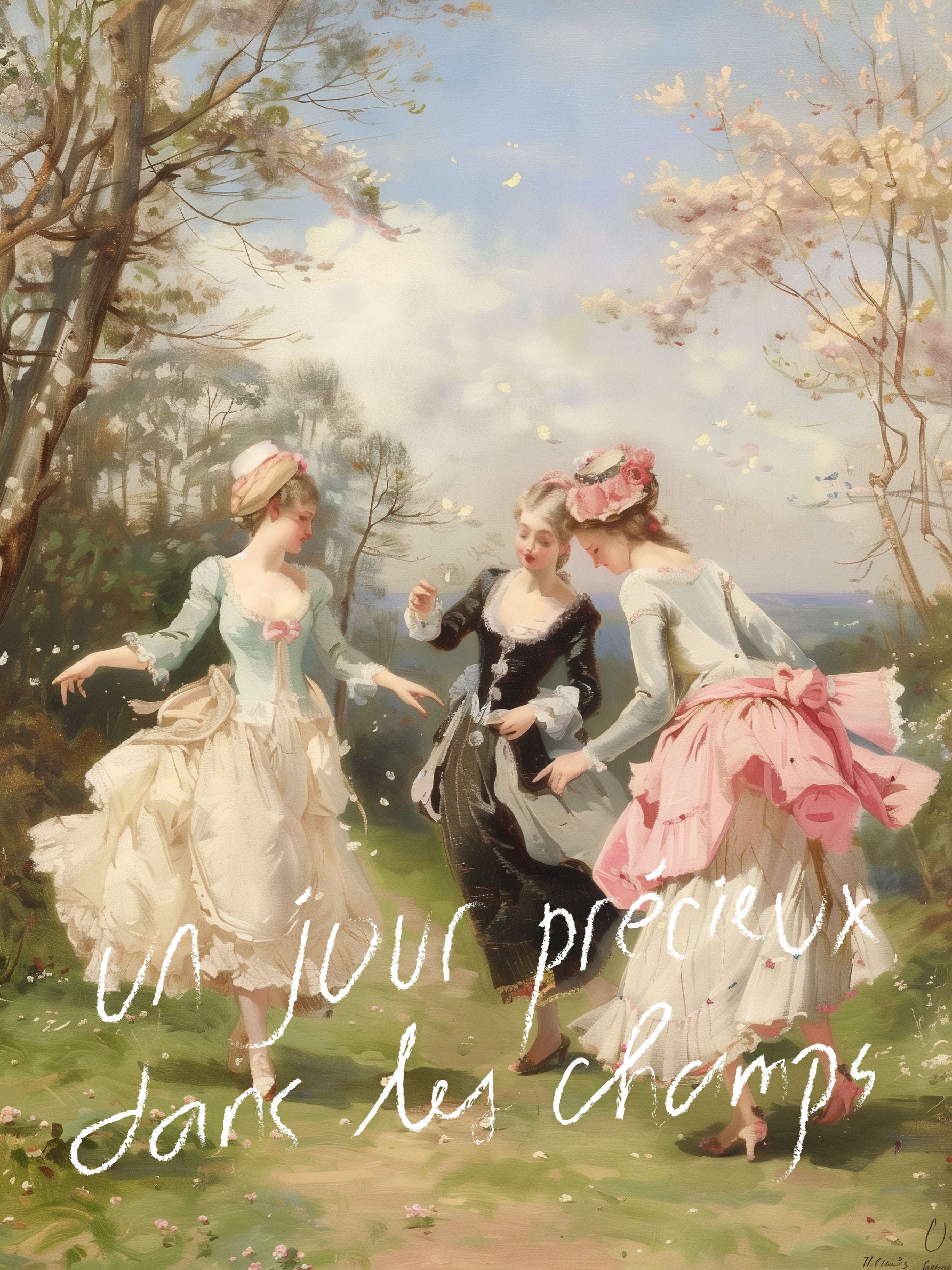 Dancing Women in Meadow Poster - Rococo Pastoral Spring Scene Print