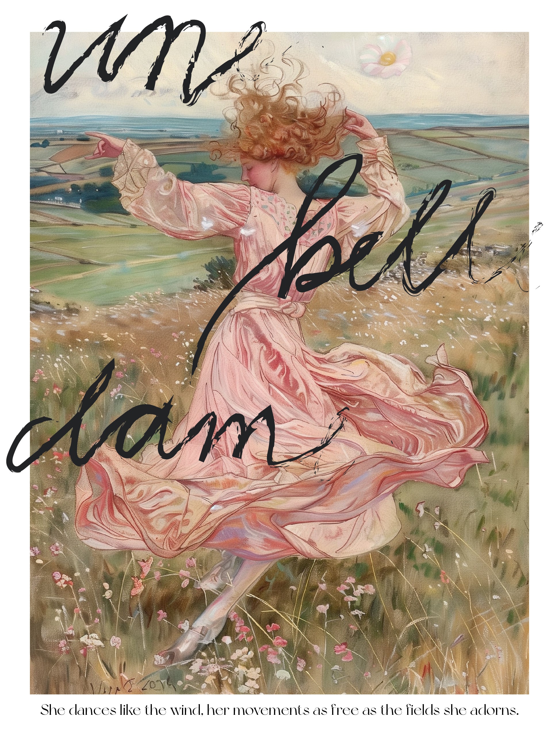 Woman Dancing in Fields Poster - Romantic Windblown Pastoral Scene Print