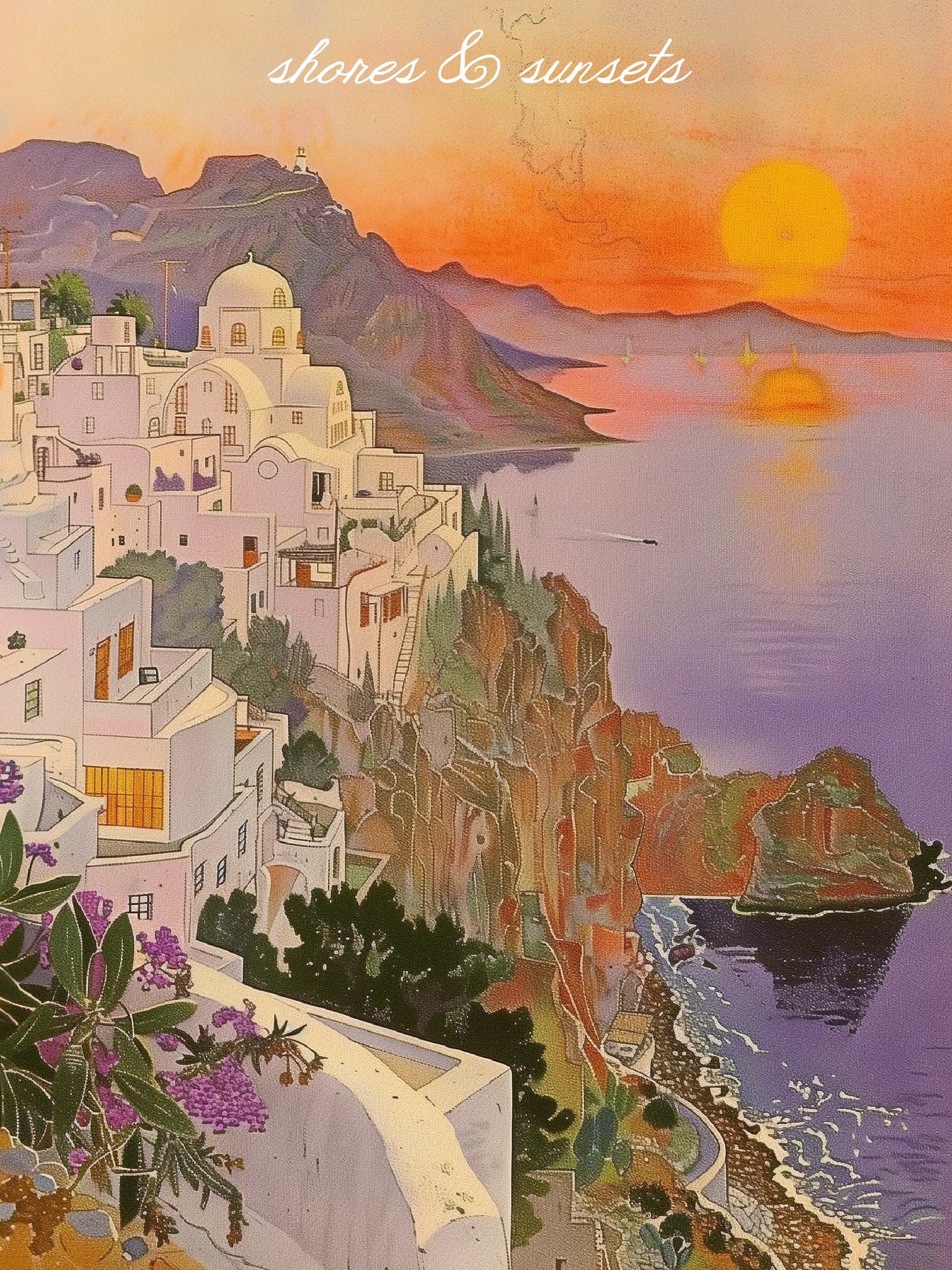 Santorini Sunset Coastal View Print