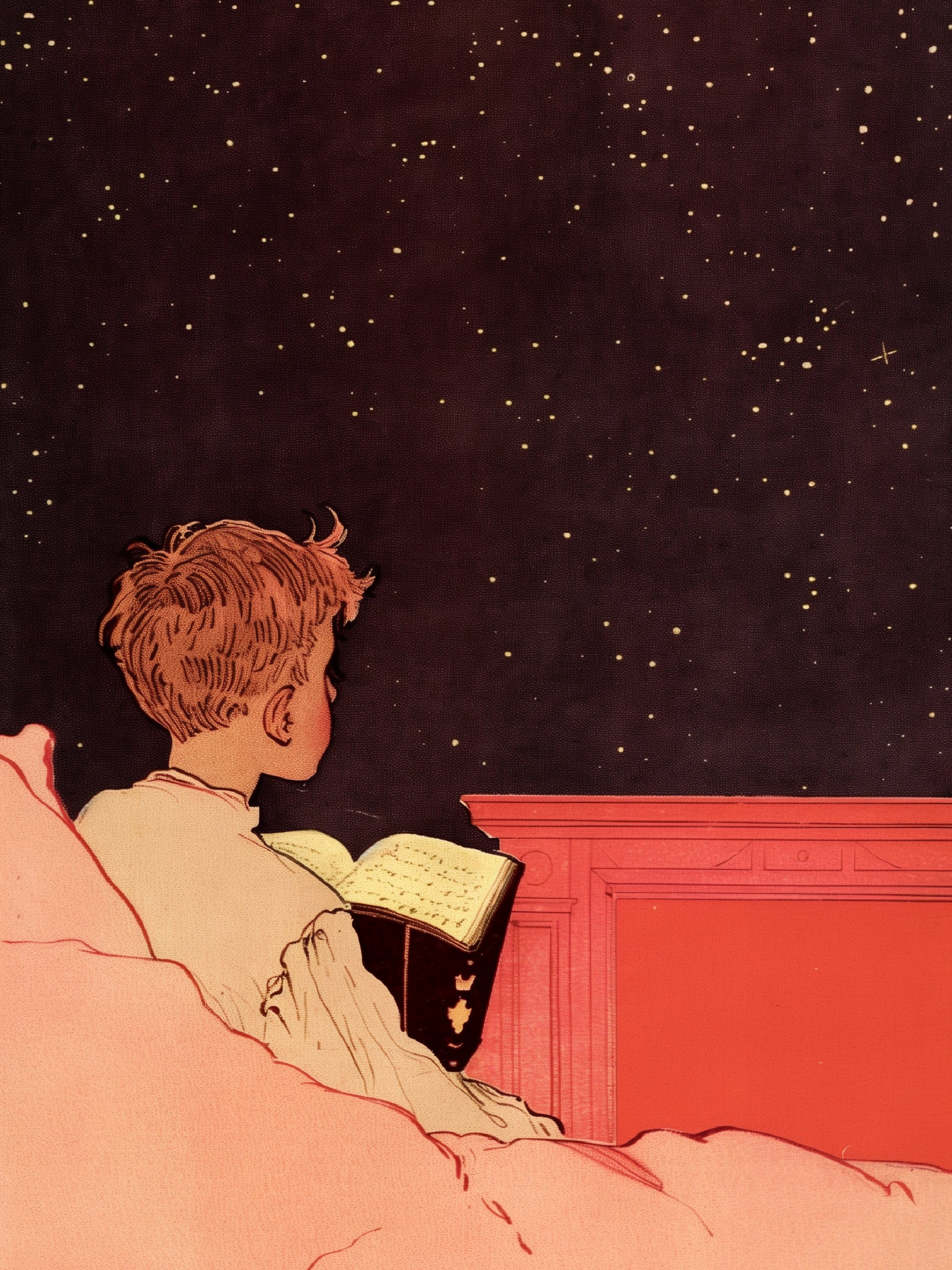 Dreamy Stargazing Child Vintage Illustration Print