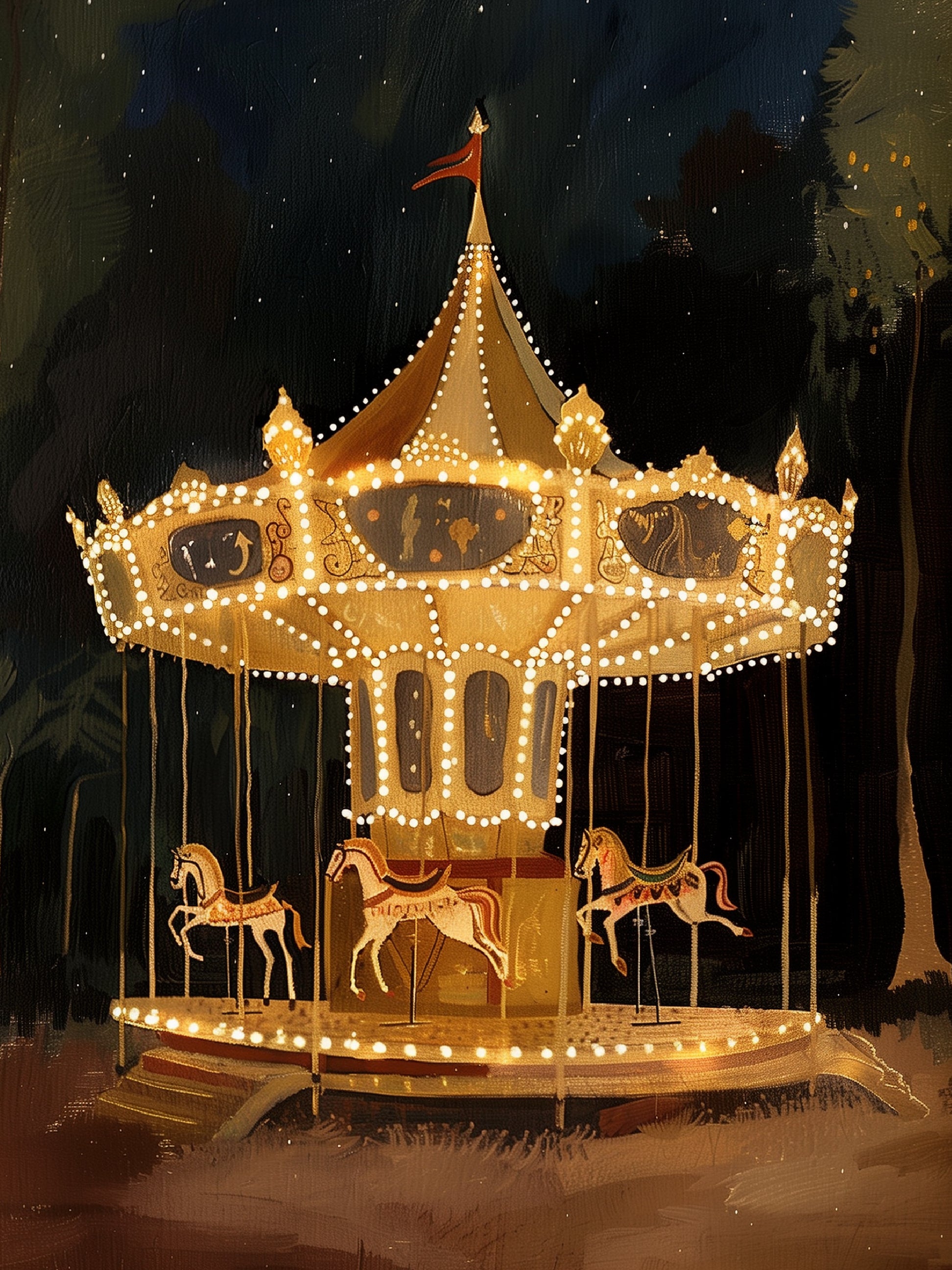 Enchanted Nighttime Carousel Vintage Fairground Print