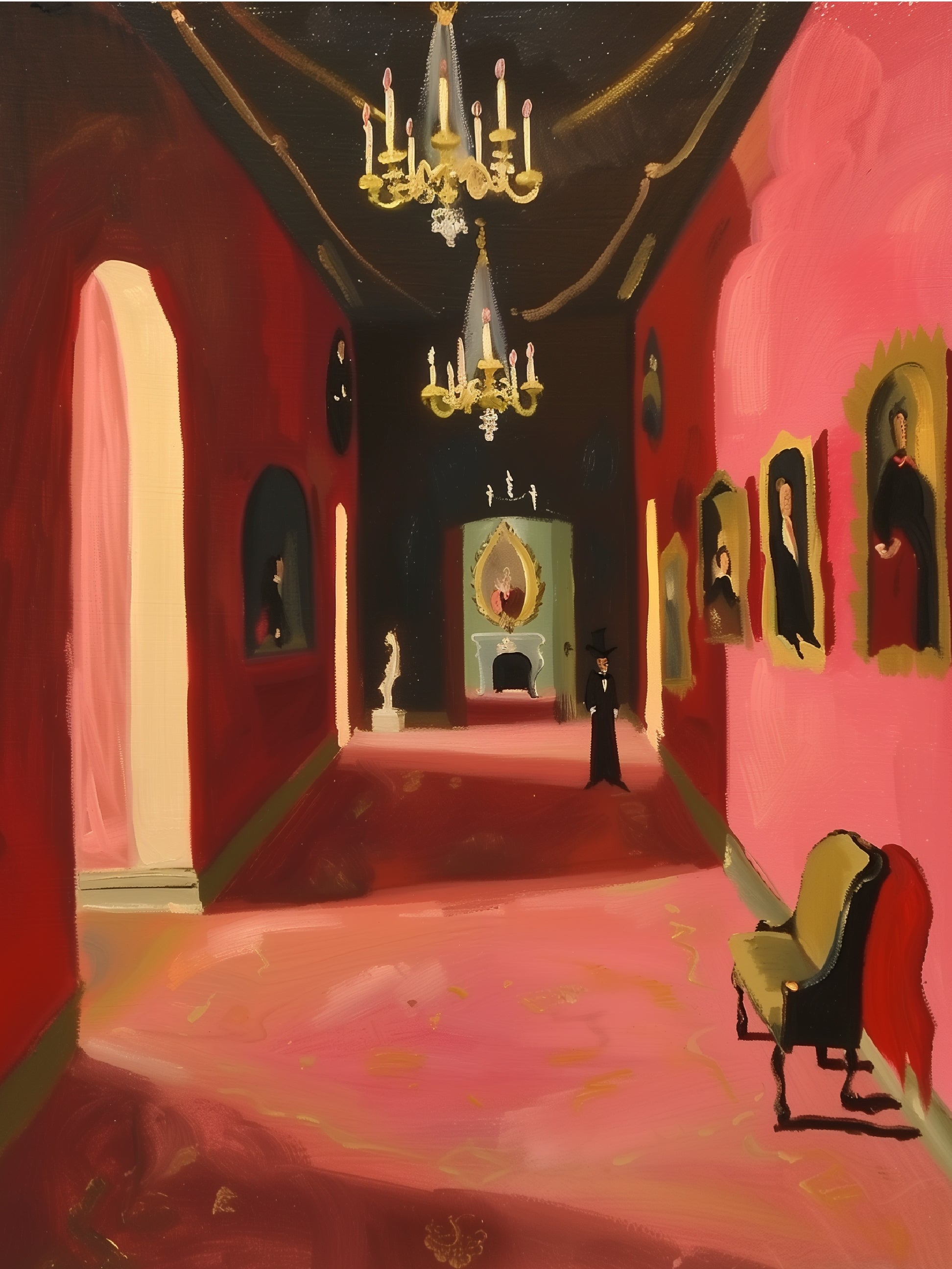 Mysterious Red Ballroom Vintage Elegance Art Print