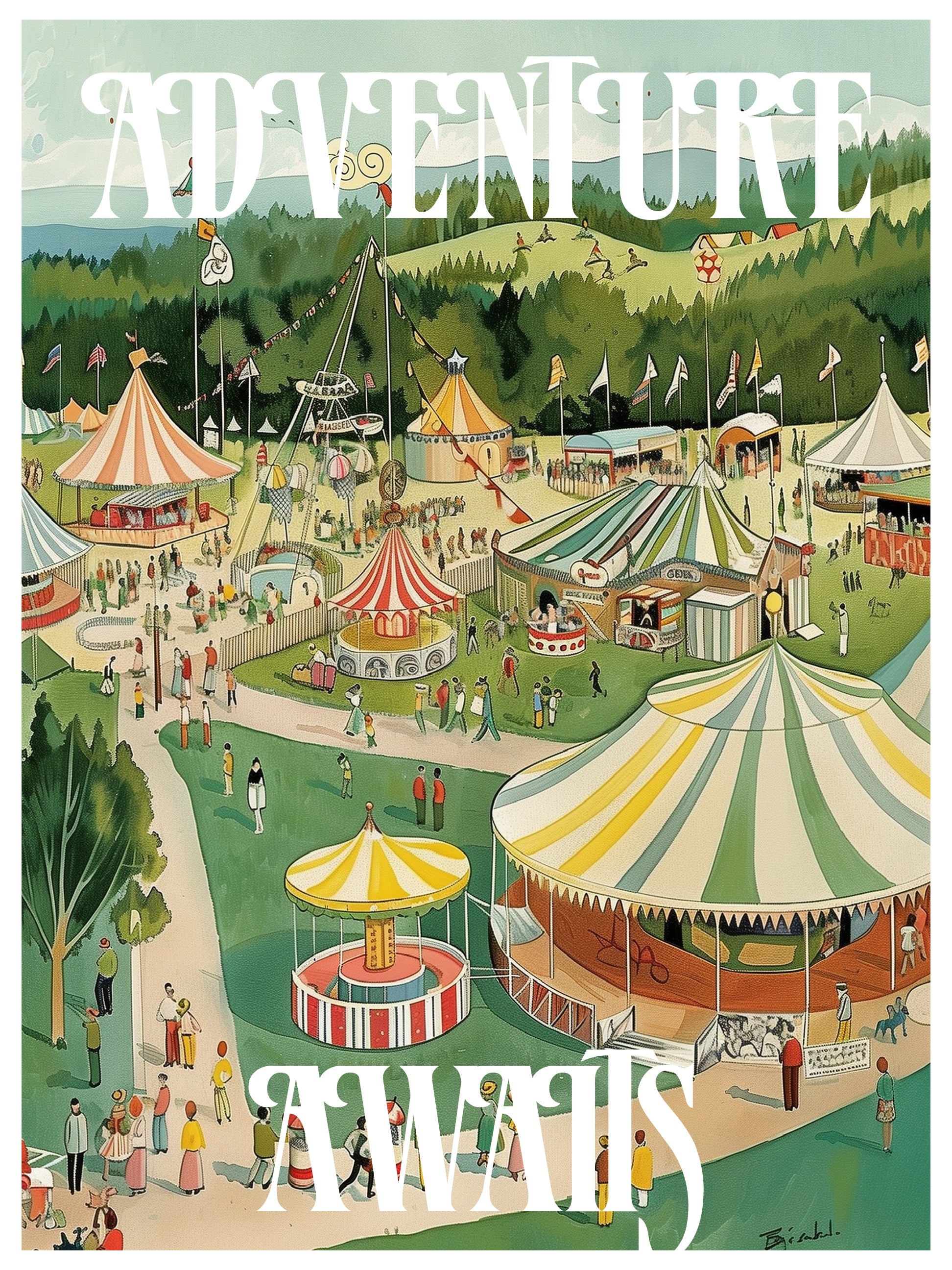 Retro Carnival Scene Whimsical Typography Print