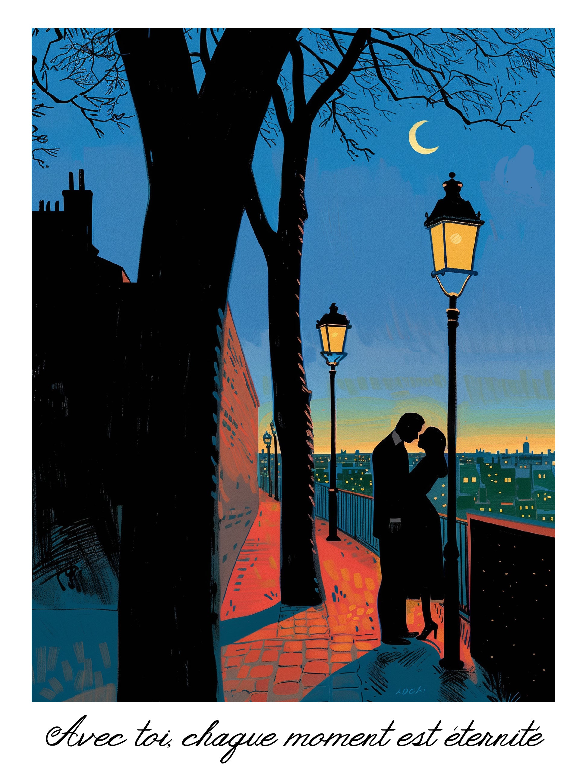 Romantic Lovers Under Moonlight Parisian Street Print