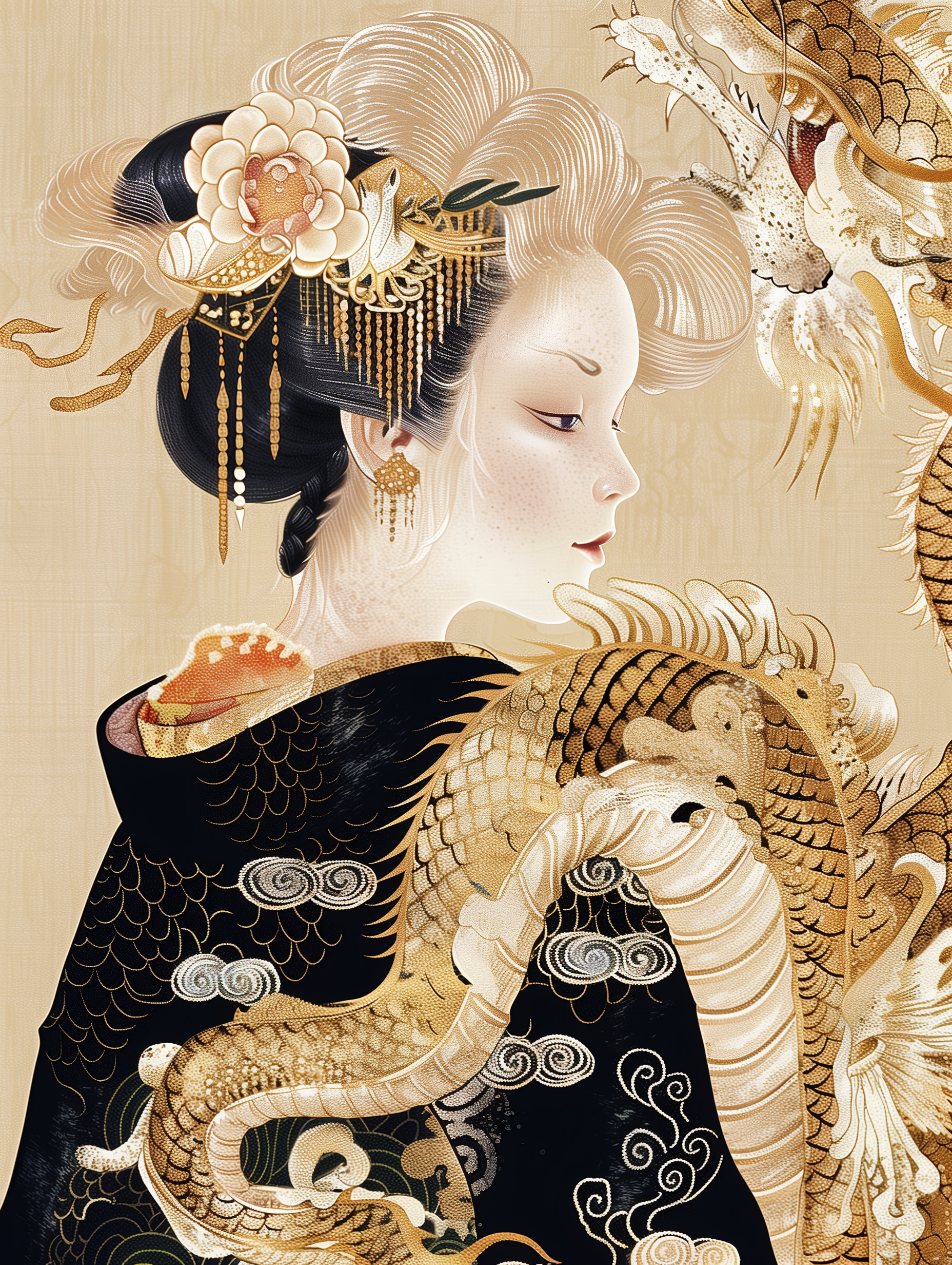 Elegant Geisha Dragon Gold Kimono Art Print