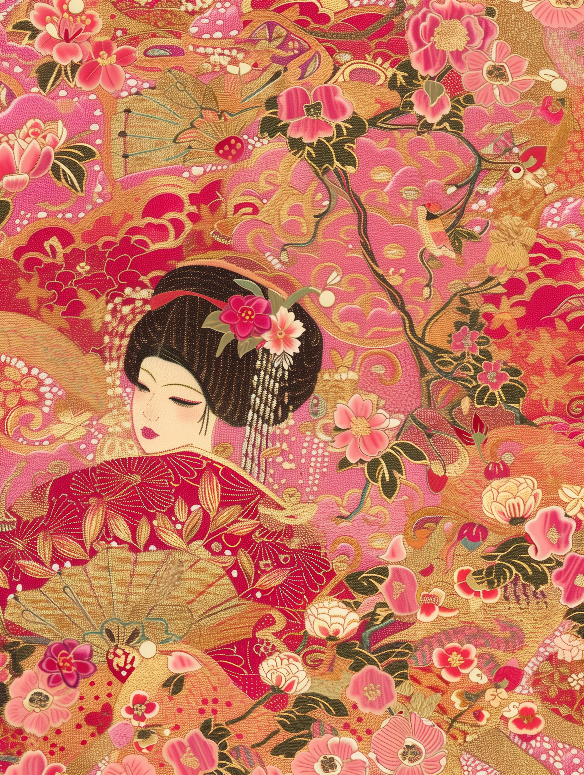 Ornamental Japanese Woman Floral Wall Art Print