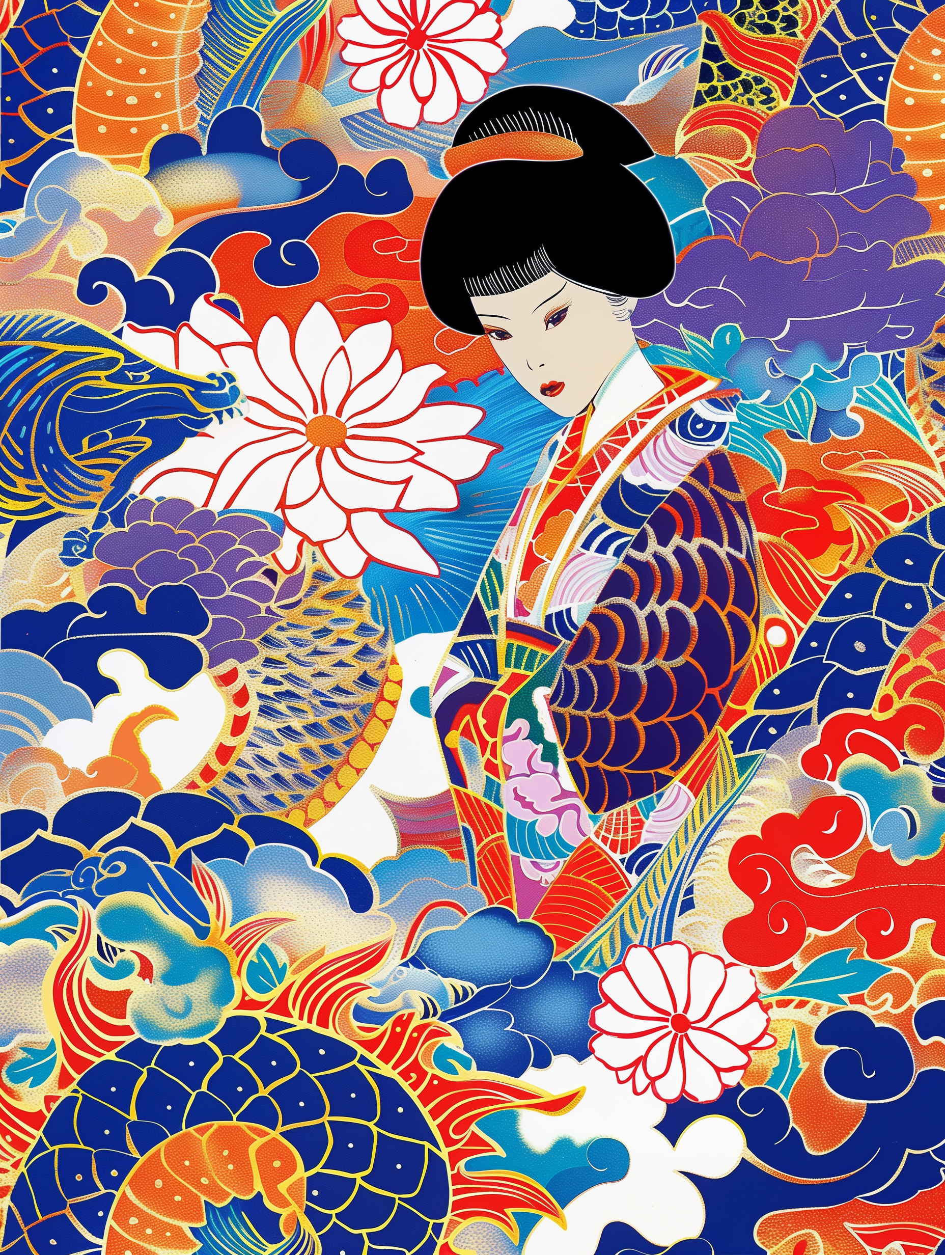 Geisha Dragon Lotus Tattoo Art Wall Print