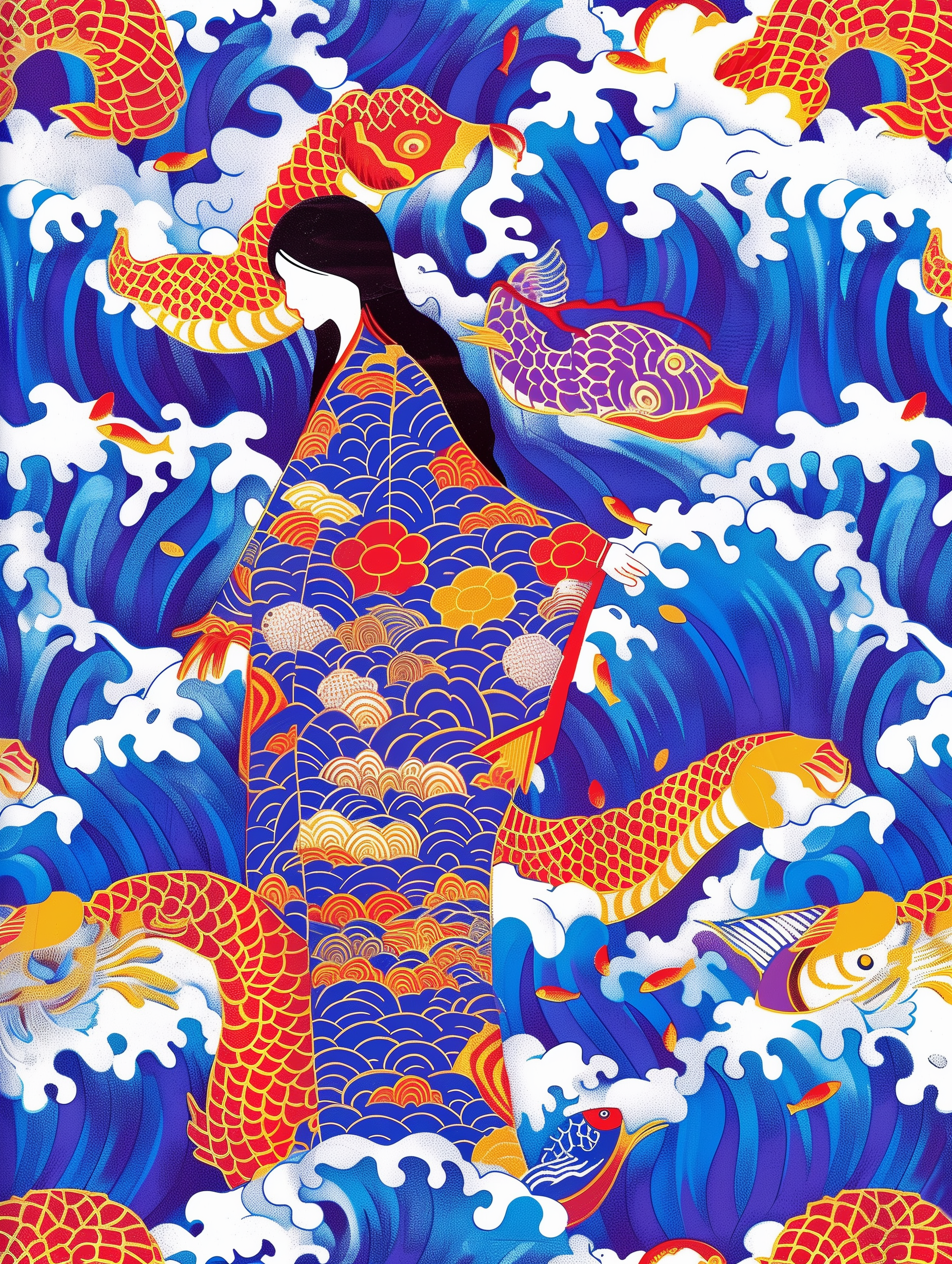 Koi Wave Woman Kimono Pattern Wall Print
