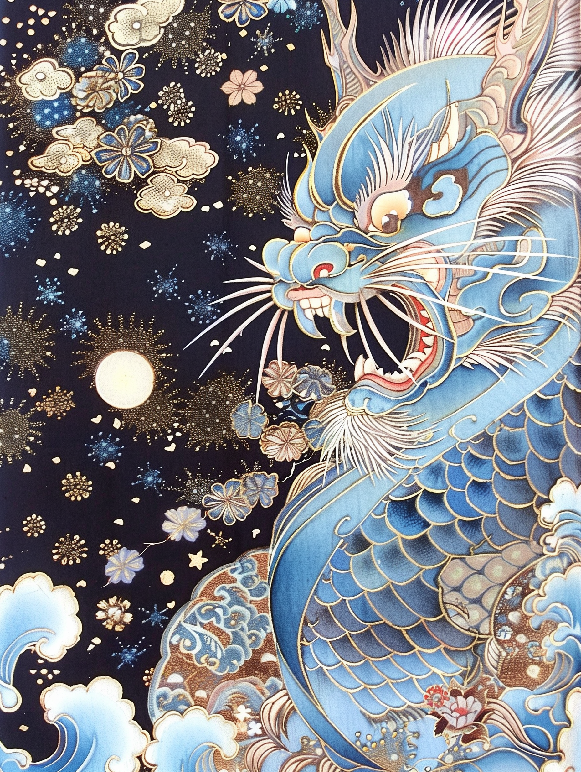 Celestial Azure Japanese Dragon Wall Print