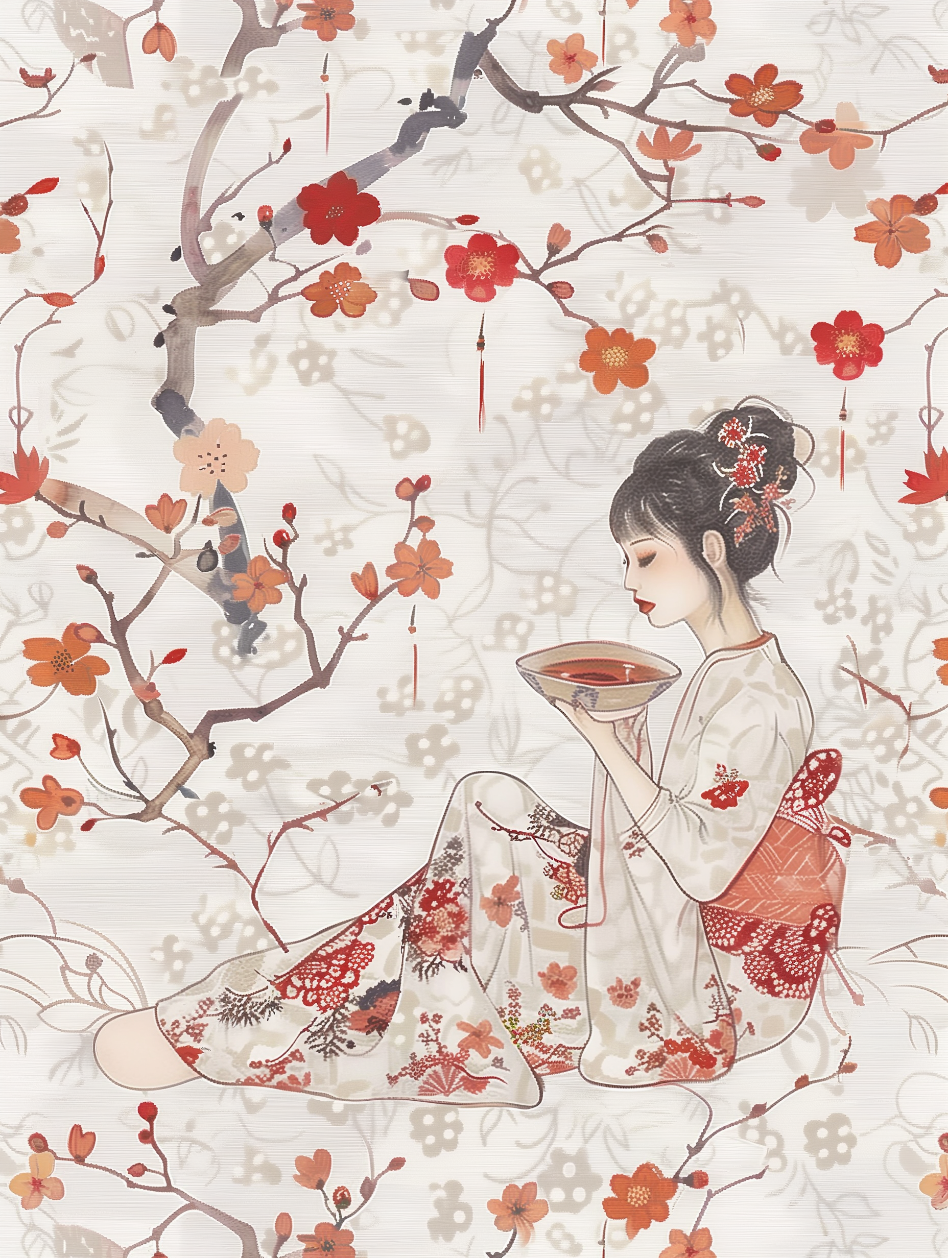 Sakura Blossom Kimono Girl Wall Print