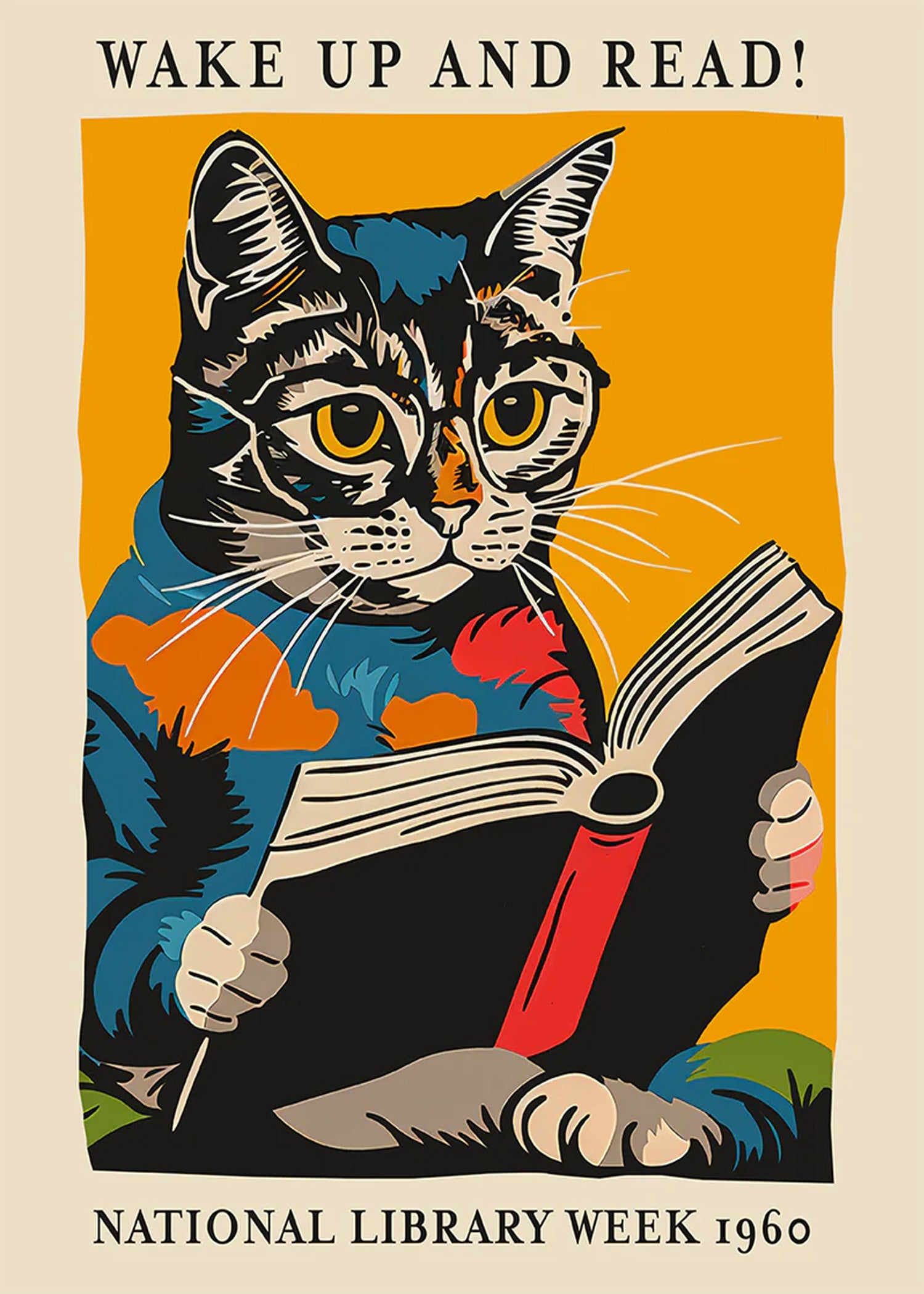 Affiche de lecture de chat - Réveillez-vous et lisez