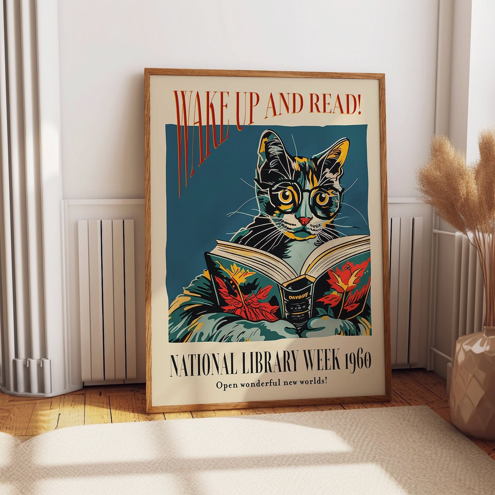Poster mit Katze und Buch – Wach auf und lies