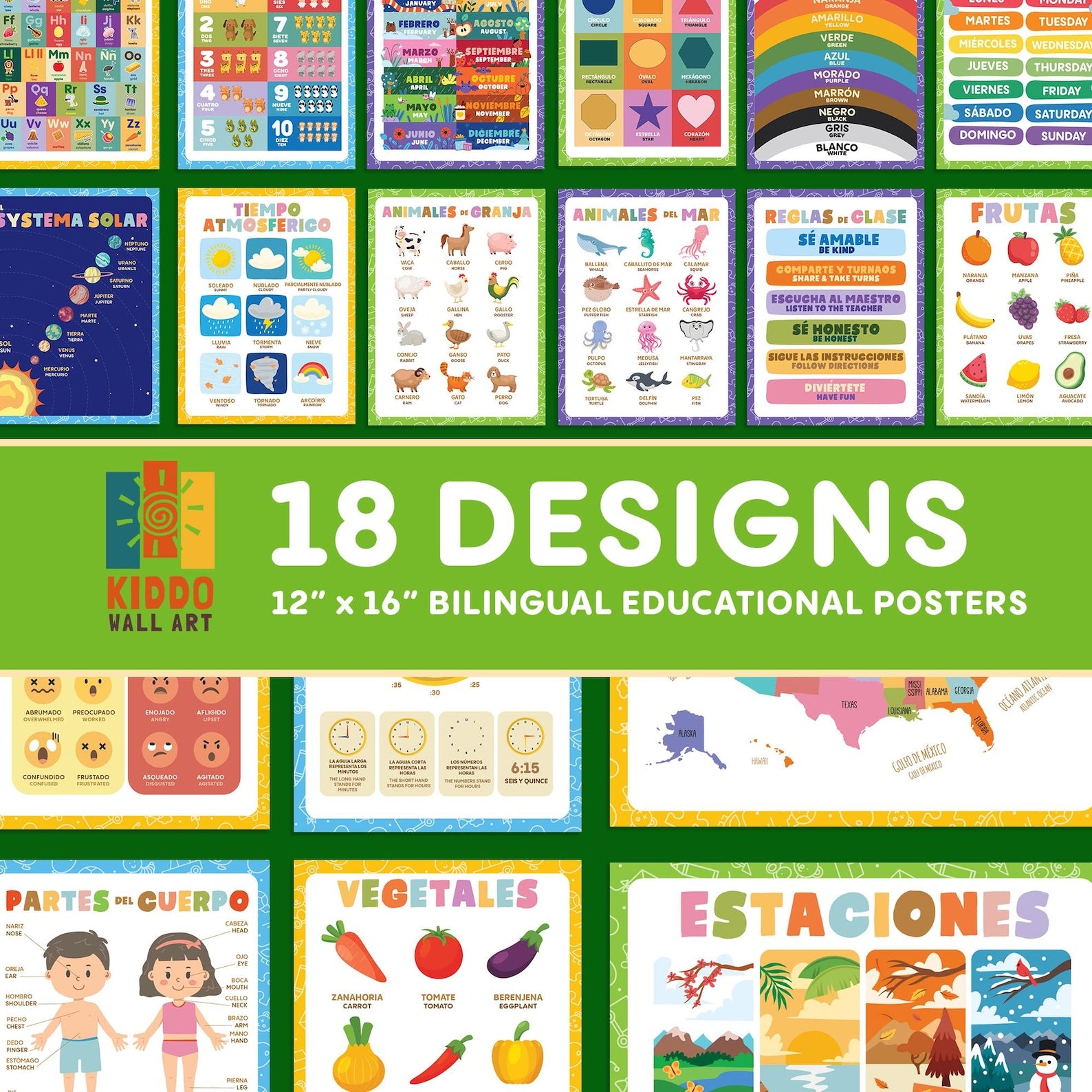 Ensemble d'affiches éducatives en espagnol pour enfants, affiches de l'alphabet, impressions de salle de jeux, décoration de salle de classe Montessori, enseignant bilingue en éducation