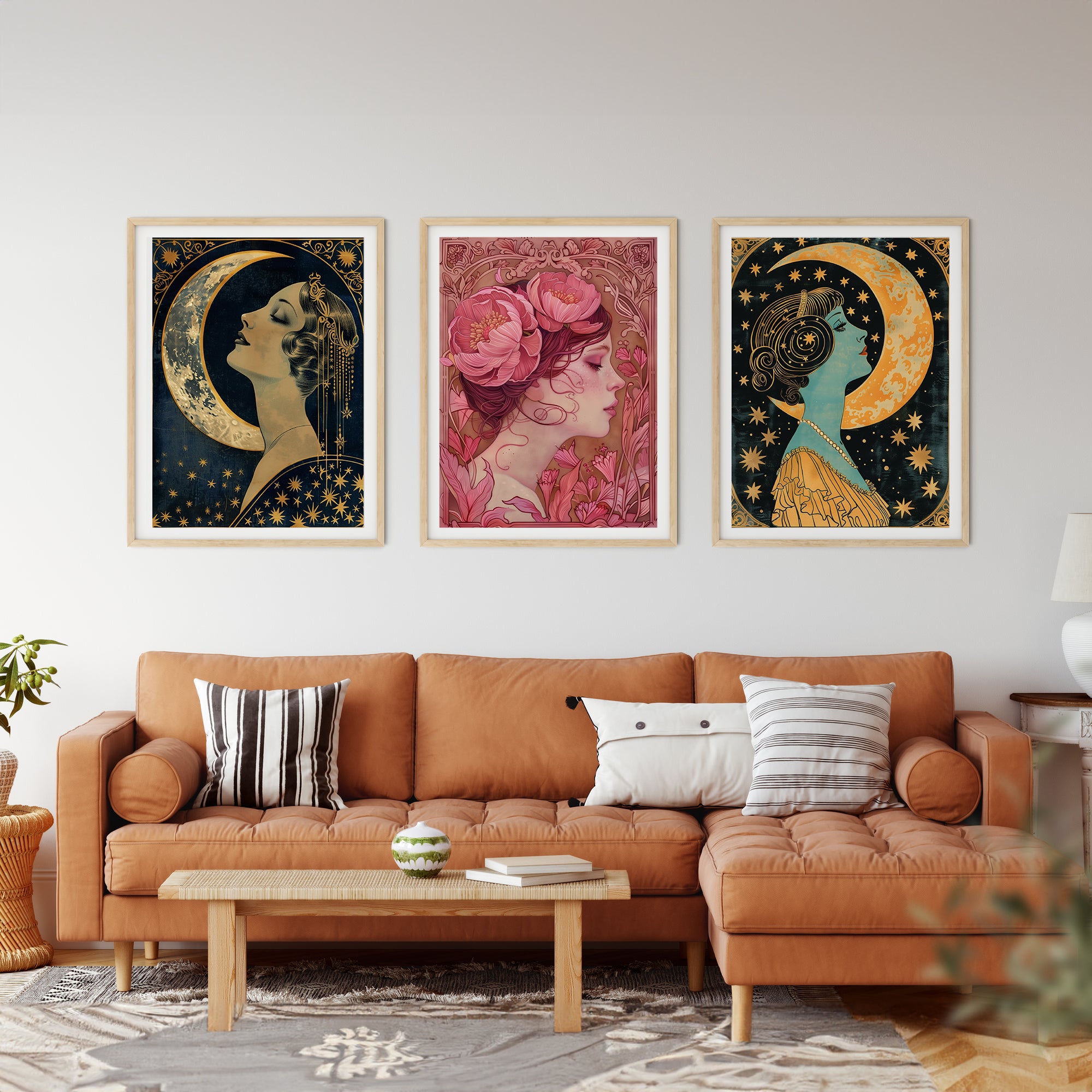 Art Nouveau Moonlit Trio - Set of 3 Elegant Wall Art Prints